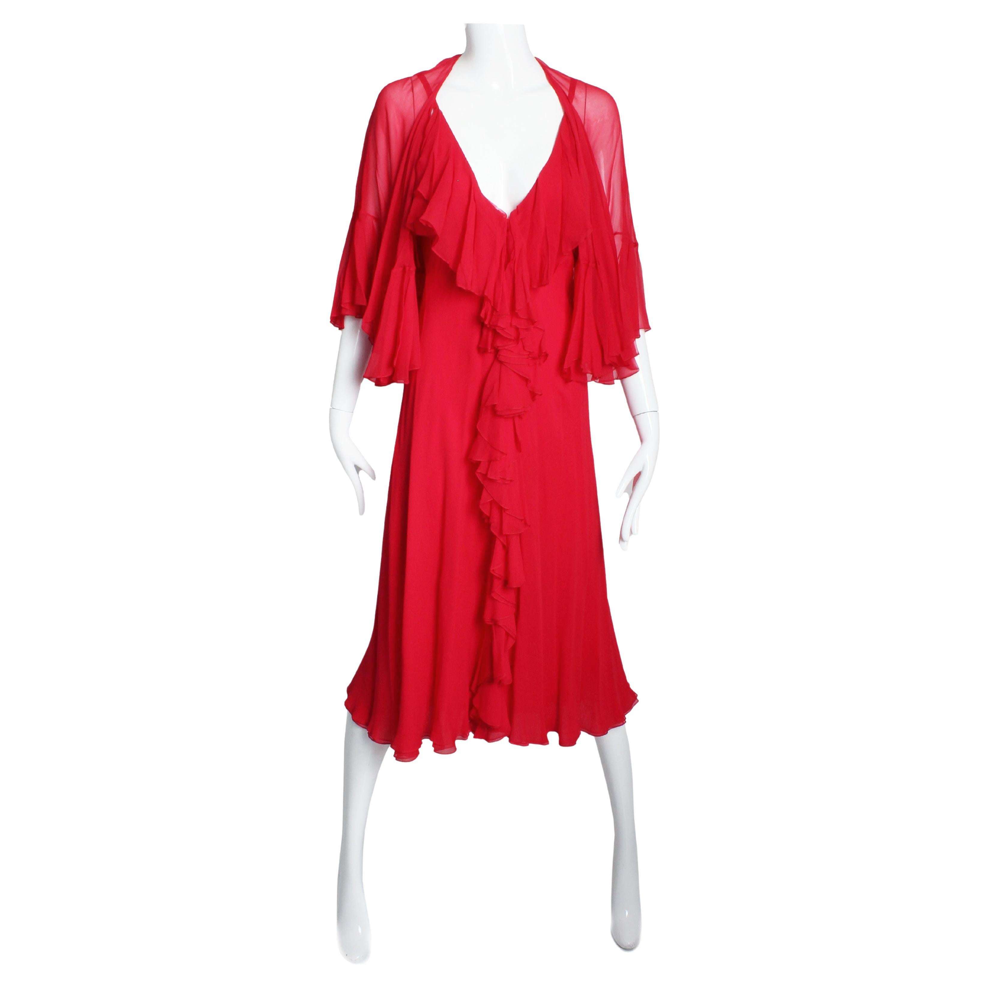Pauline Trigere Dress and Shawl 2pc Set Red Silk Chiffon Loose Ruffles Vintage For Sale
