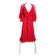 Pauline Trigere Dress and Shawl 2pc Set Red Silk Chiffon Loose Ruffles Vintage