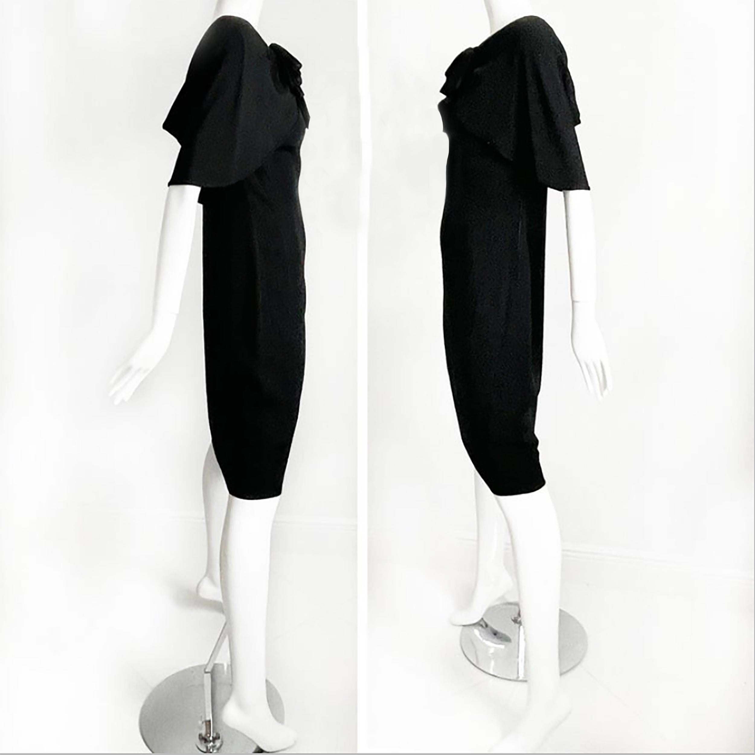 Pauline Trigere Dress Black Silk Cocktail Style Draped Shawl Collar Vintage LBD For Sale 6