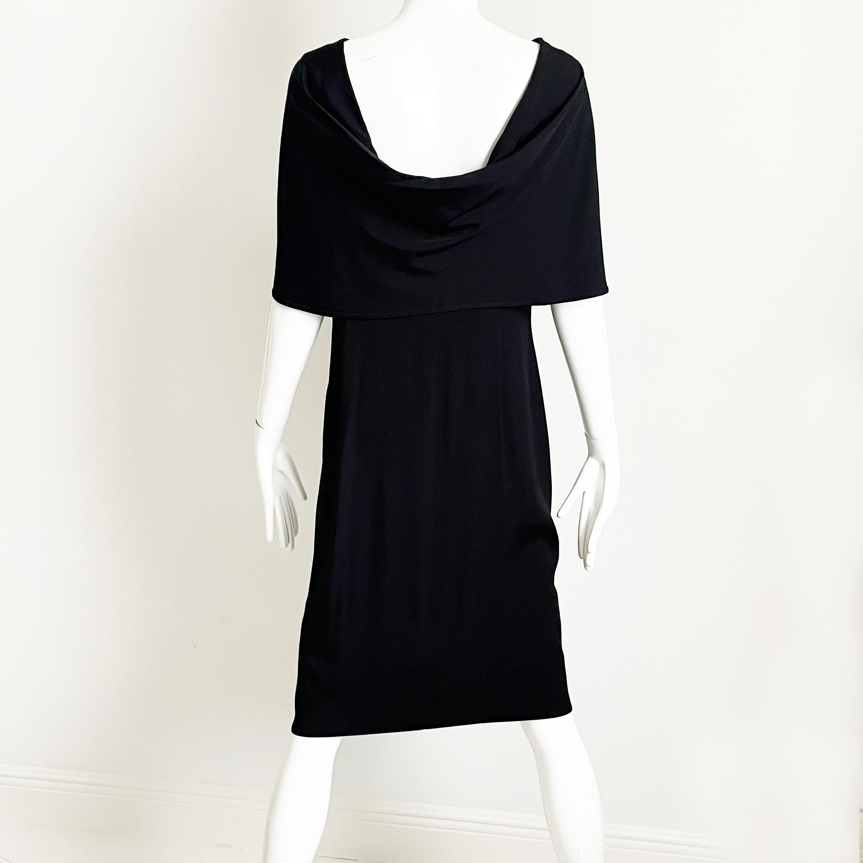 Pauline Trigere Dress Black Silk Cocktail Style Draped Shawl Collar Vintage LBD For Sale 9
