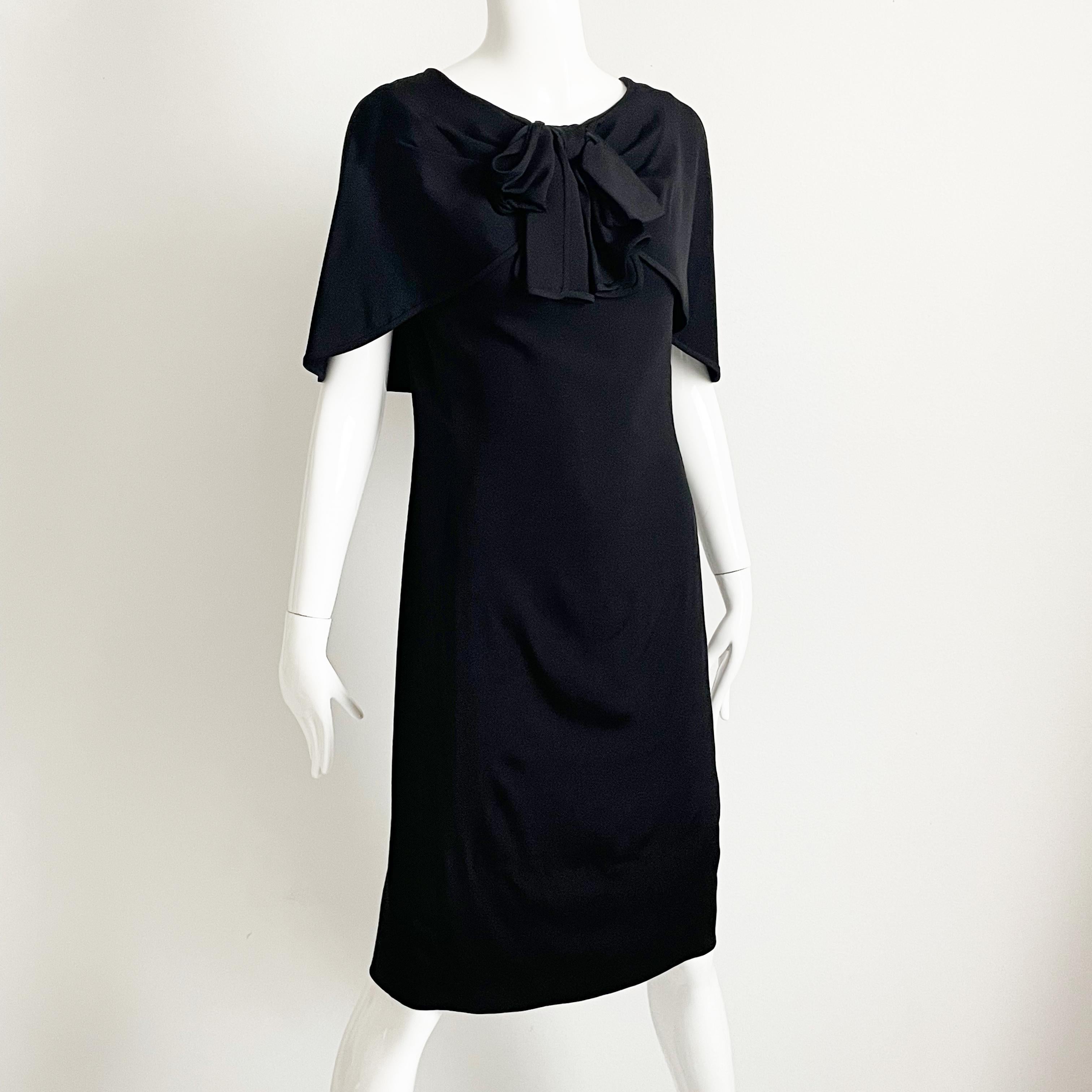 Pauline Trigere Dress Black Silk Cocktail Style Draped Shawl Collar Vintage LBD In Good Condition For Sale In Port Saint Lucie, FL