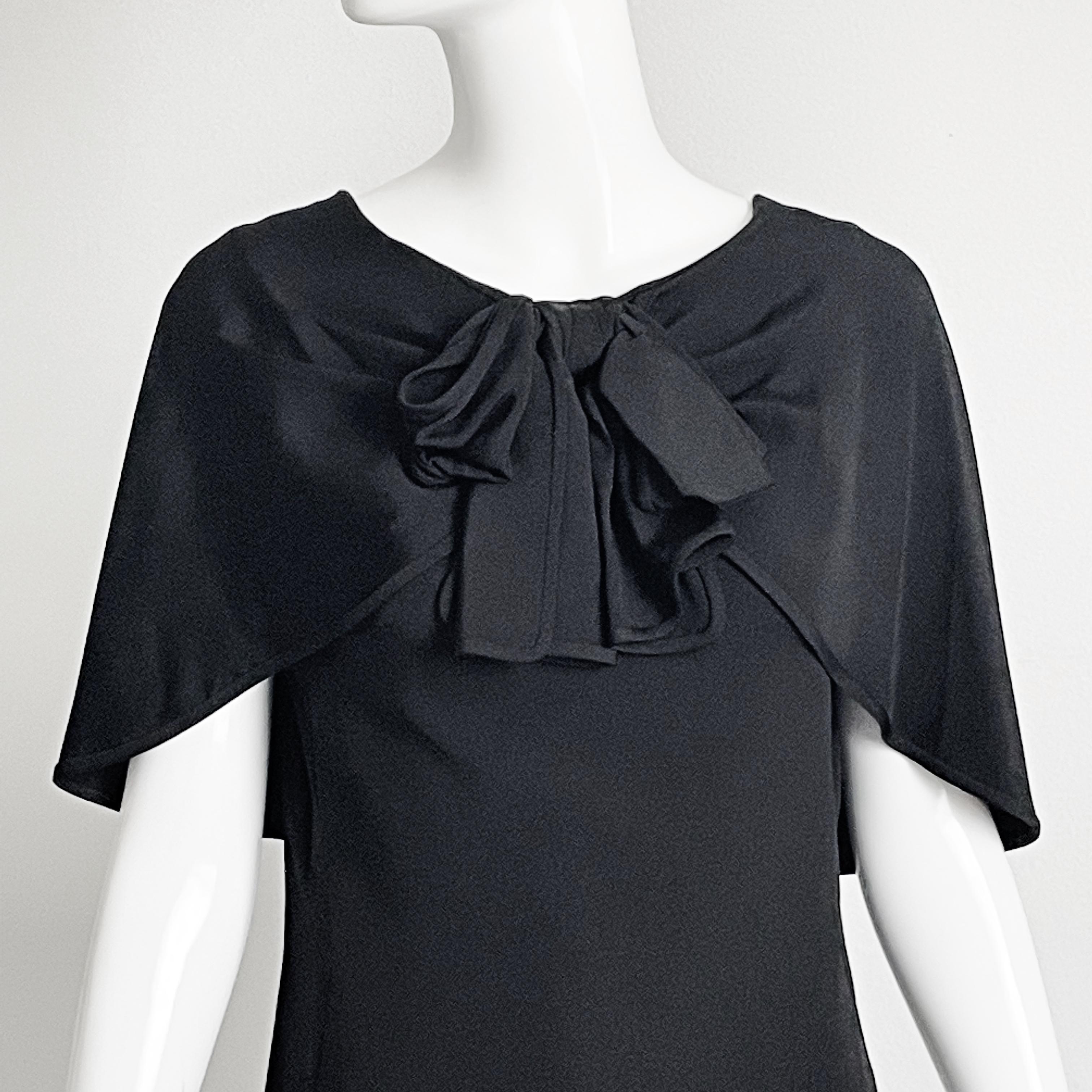 Women's Pauline Trigere Dress Black Silk Cocktail Style Draped Shawl Collar Vintage LBD For Sale