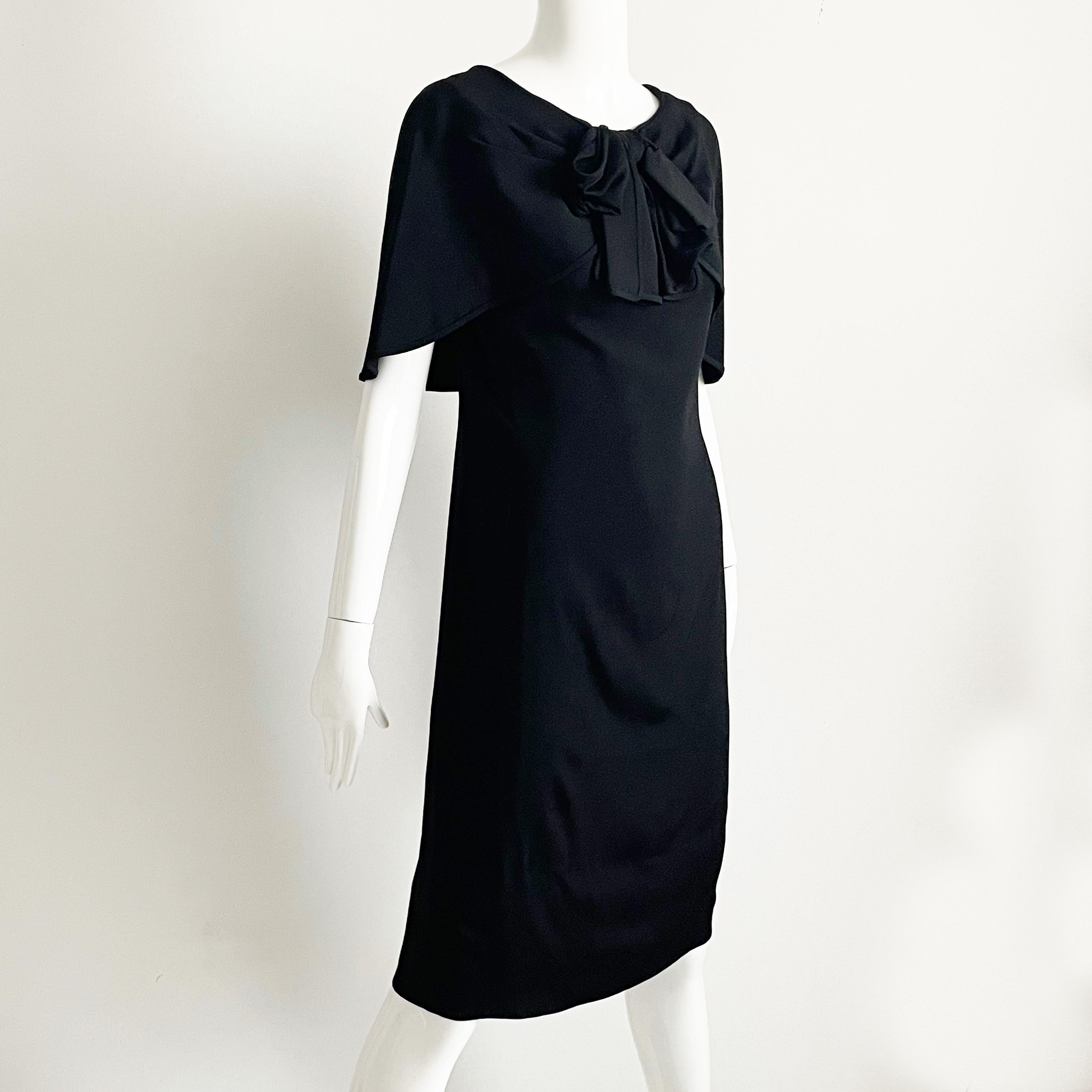 Pauline Trigere Dress Black Silk Cocktail Style Draped Shawl Collar Vintage LBD For Sale 1
