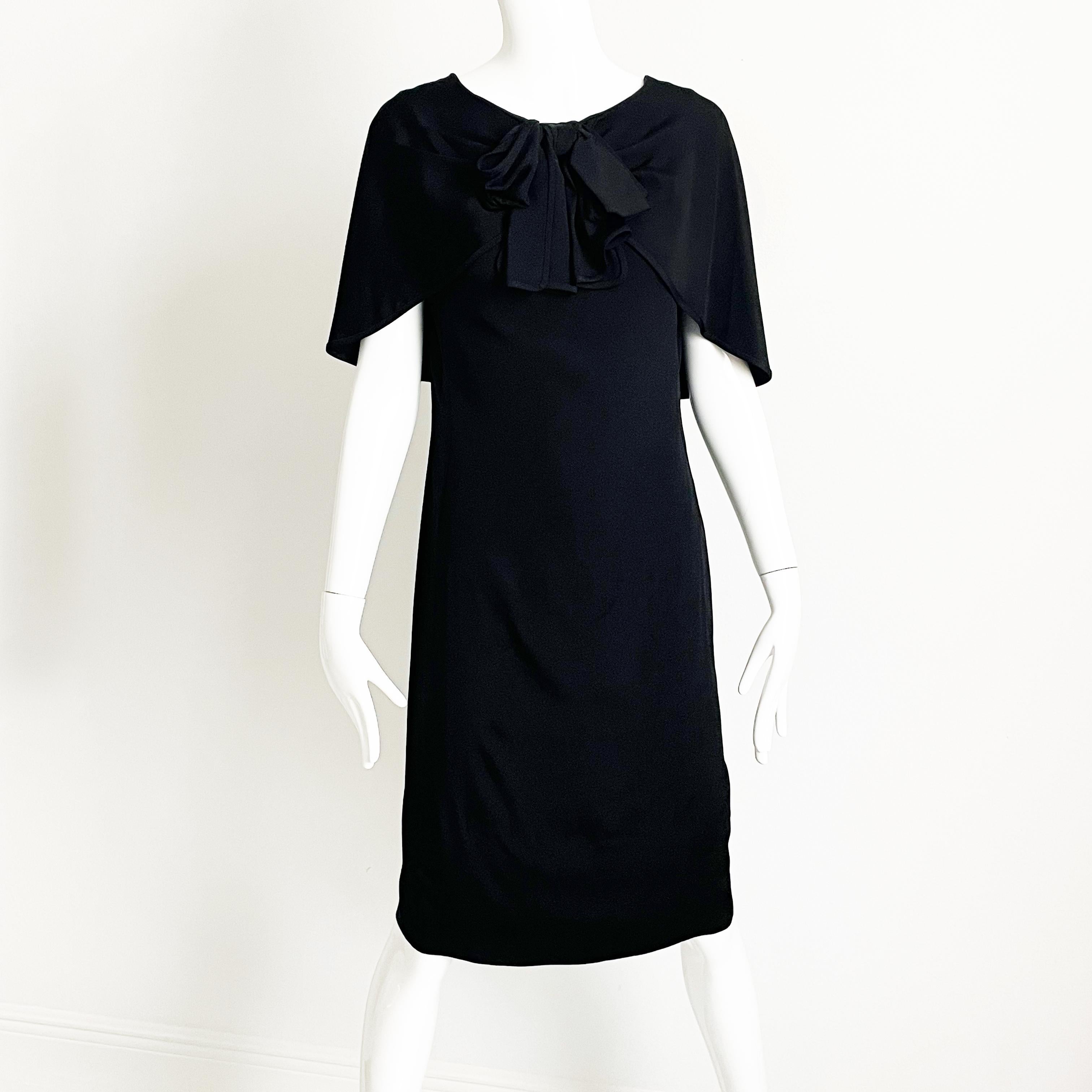Pauline Trigere Dress Black Silk Cocktail Style Draped Shawl Collar Vintage LBD For Sale 3