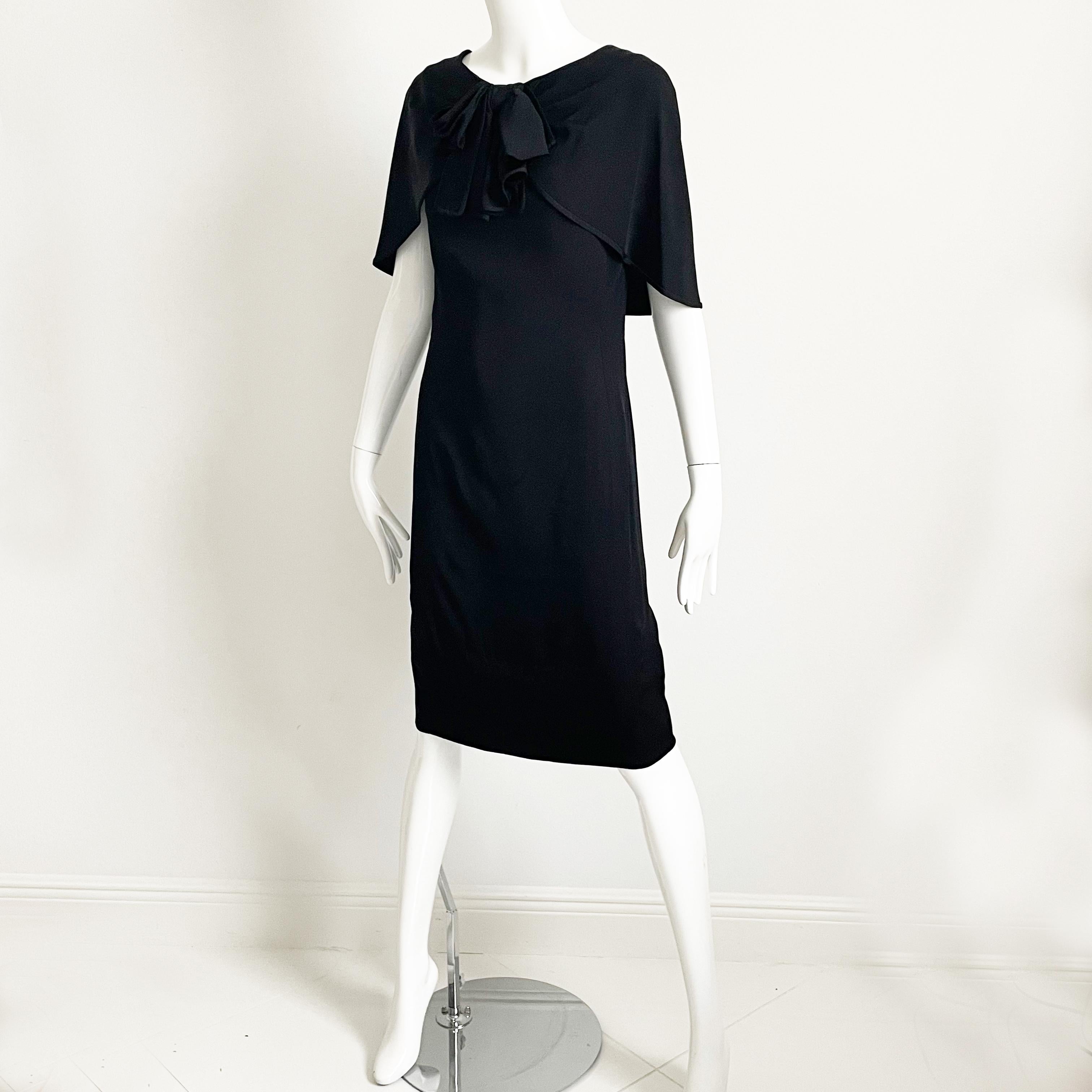 Pauline Trigere Dress Black Silk Cocktail Style Draped Shawl Collar Vintage LBD For Sale 4