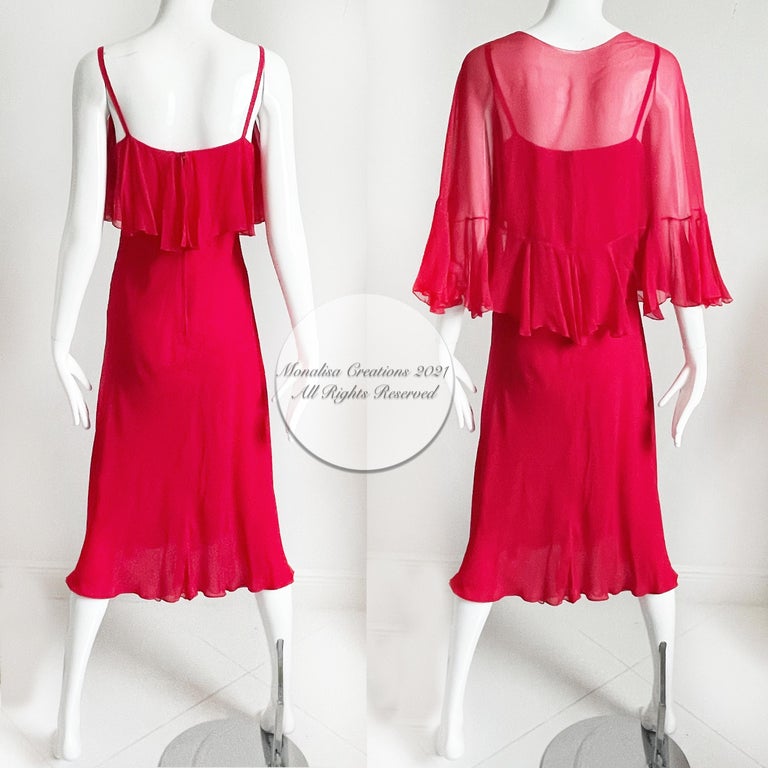 Pauline Trigere Dress + Shawl 2pc Set Red Silk Chiffon Ruffles Disco 70s Vintage For Sale 7