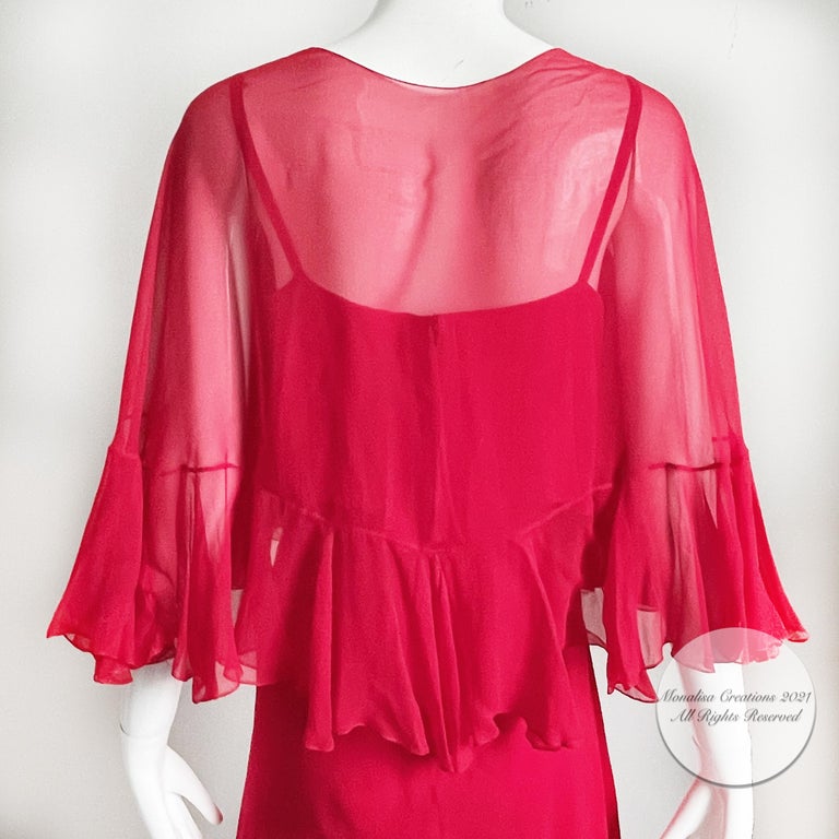 Pauline Trigere Dress + Shawl 2pc Set Red Silk Chiffon Ruffles Disco 70s Vintage For Sale 8