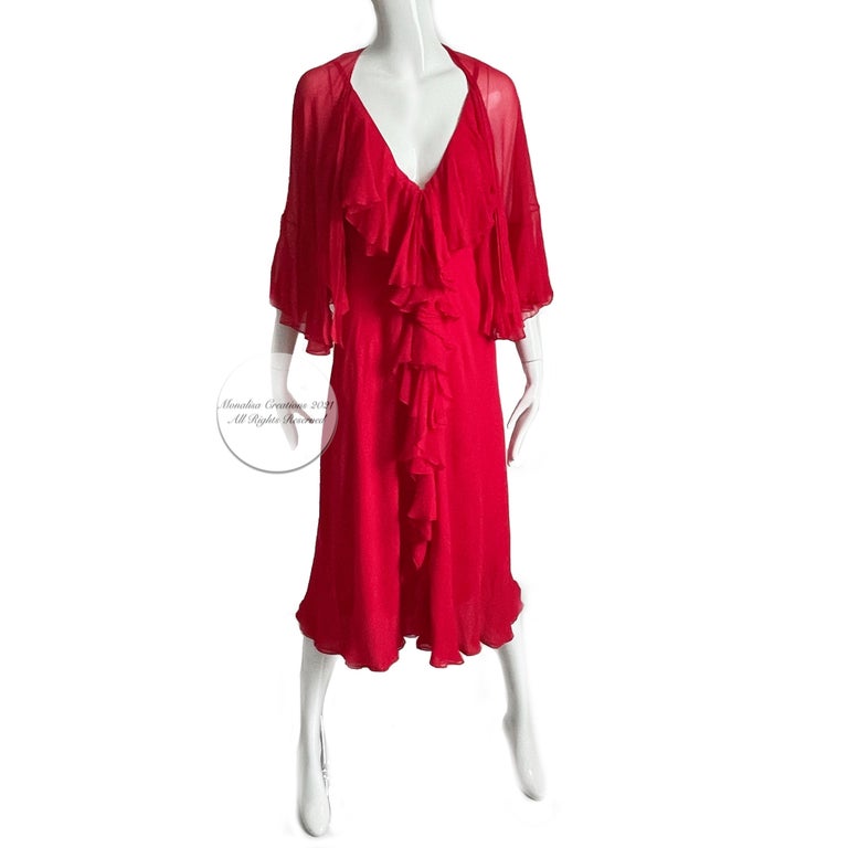 Authentic, preowned, vintage Pauline Trigère Red Ruffle Cocktail Dress with Shawl, made from silk chiffon most likely in the early 70s. True vintage piece with a very Studio 54 vibe!! Silk chiffon fabric/dress fully-lined/dry clean only. No size