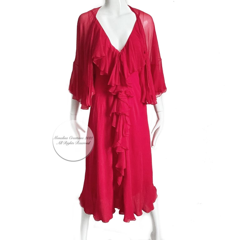 Pauline Trigere Dress + Shawl 2pc Set Red Silk Chiffon Ruffles Disco 70s Vintage In Good Condition For Sale In Port Saint Lucie, FL