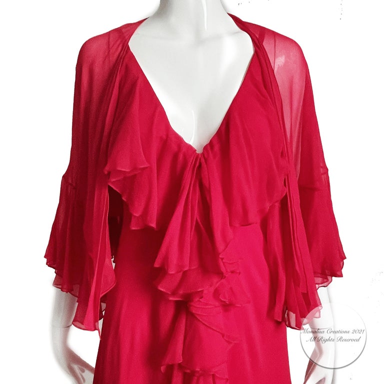 Women's or Men's Pauline Trigere Dress + Shawl 2pc Set Red Silk Chiffon Ruffles Disco 70s Vintage For Sale