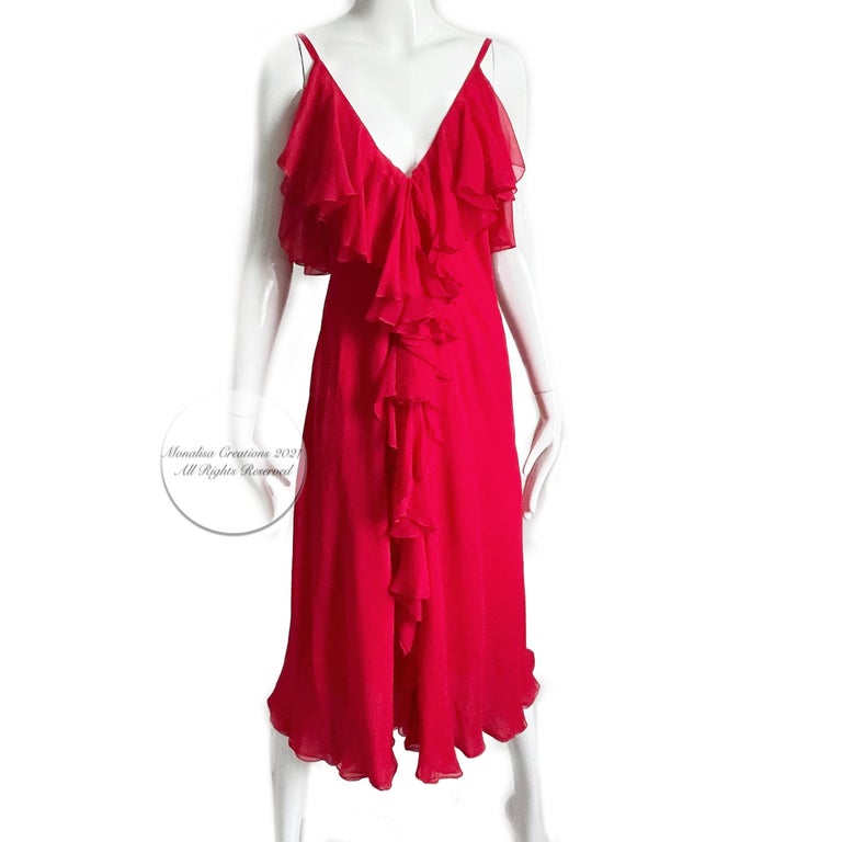 Pauline Trigere Dress + Shawl 2pc Set Red Silk Chiffon Ruffles Disco 70s Vintage For Sale 1