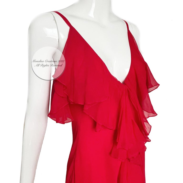 Pauline Trigere Dress + Shawl 2pc Set Red Silk Chiffon Ruffles Disco 70s Vintage For Sale 2