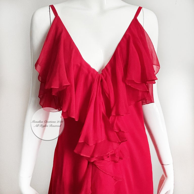 Pauline Trigere Dress + Shawl 2pc Set Red Silk Chiffon Ruffles Disco 70s Vintage For Sale 3