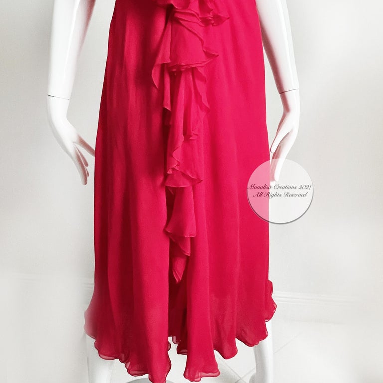 Pauline Trigere Dress + Shawl 2pc Set Red Silk Chiffon Ruffles Disco 70s Vintage For Sale 4