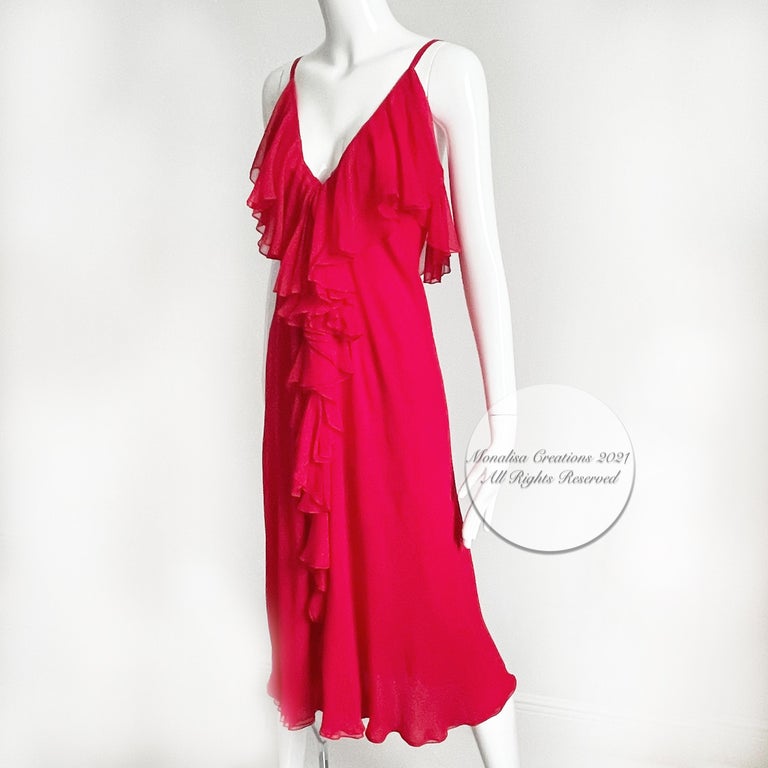 Pauline Trigere Dress + Shawl 2pc Set Red Silk Chiffon Ruffles Disco 70s Vintage For Sale 5