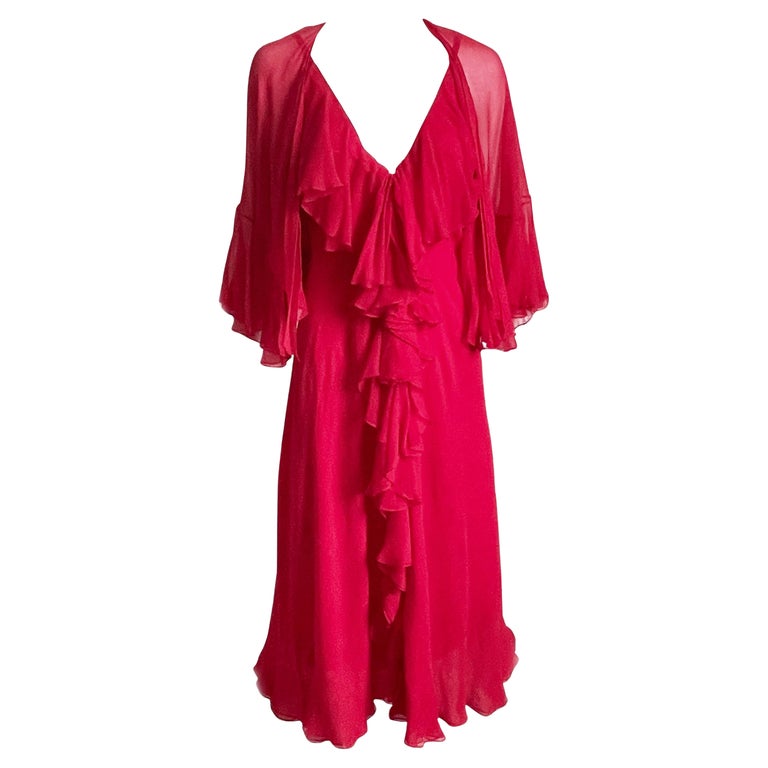 Pauline Trigere Dress + Shawl 2pc Set Red Silk Chiffon Ruffles Disco 70s Vintage For Sale
