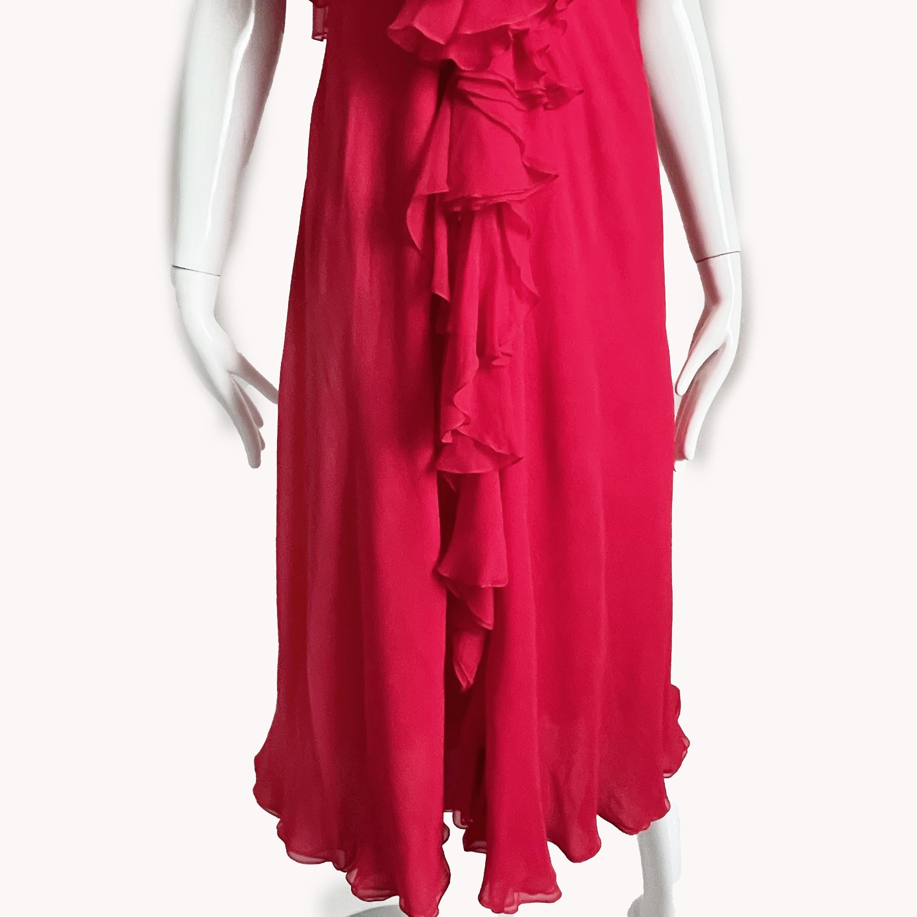 Pauline Trigere Dress with Shawl 2pc Set Red Silk Chiffon Ruffles Cocktail Party For Sale 6