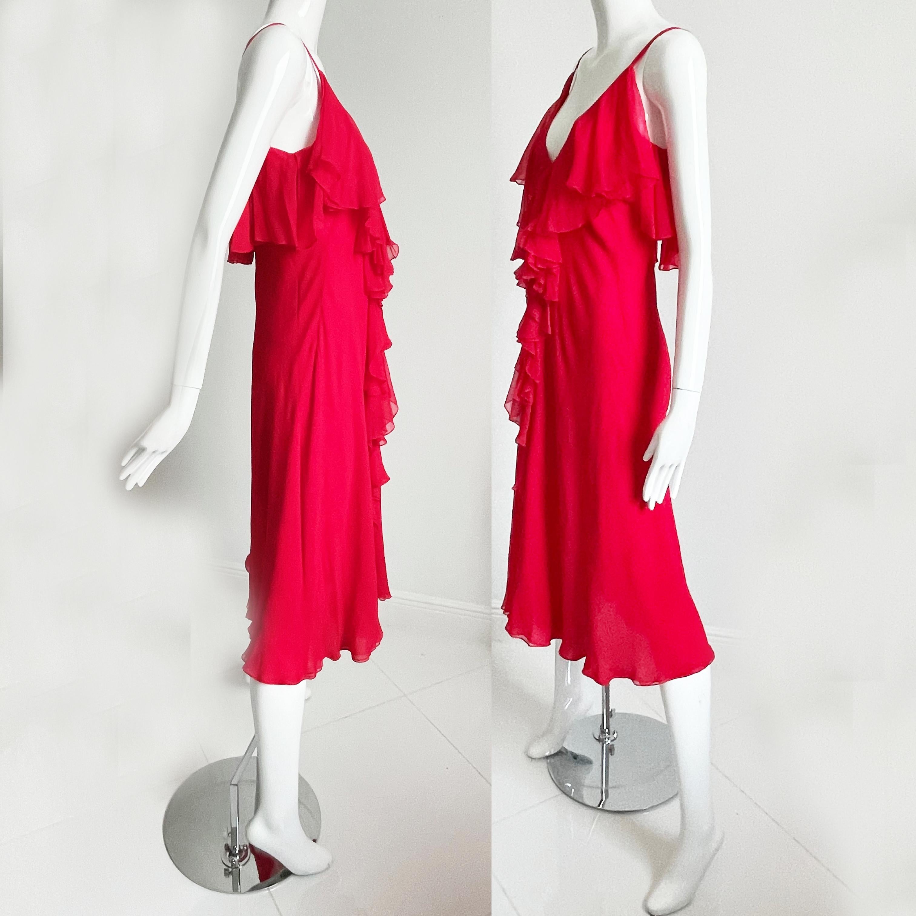 Pauline Trigere Dress with Shawl 2pc Set Red Silk Chiffon Ruffles Cocktail Party For Sale 7