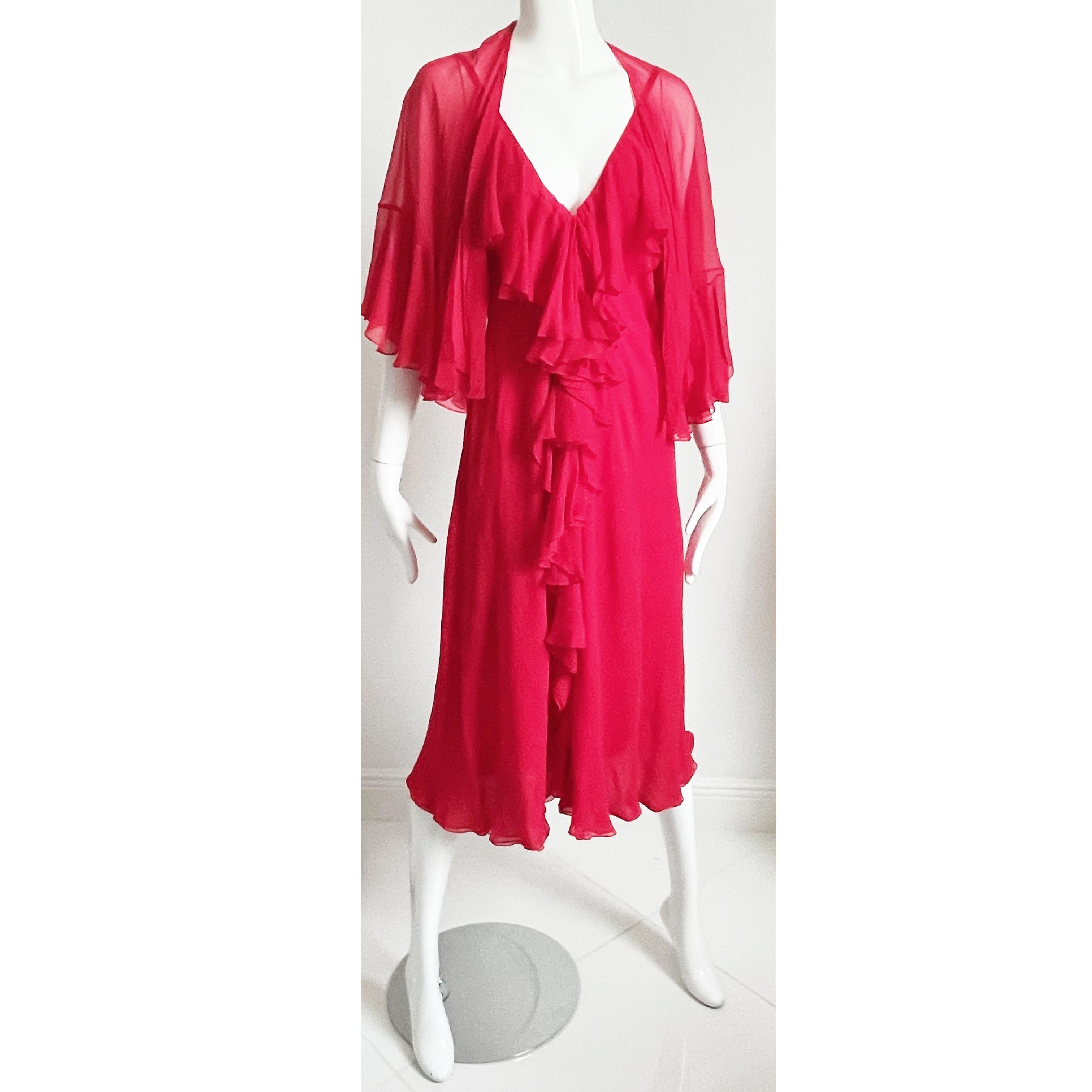 Women's or Men's Pauline Trigere Dress with Shawl 2pc Set Red Silk Chiffon Ruffles Cocktail Party For Sale