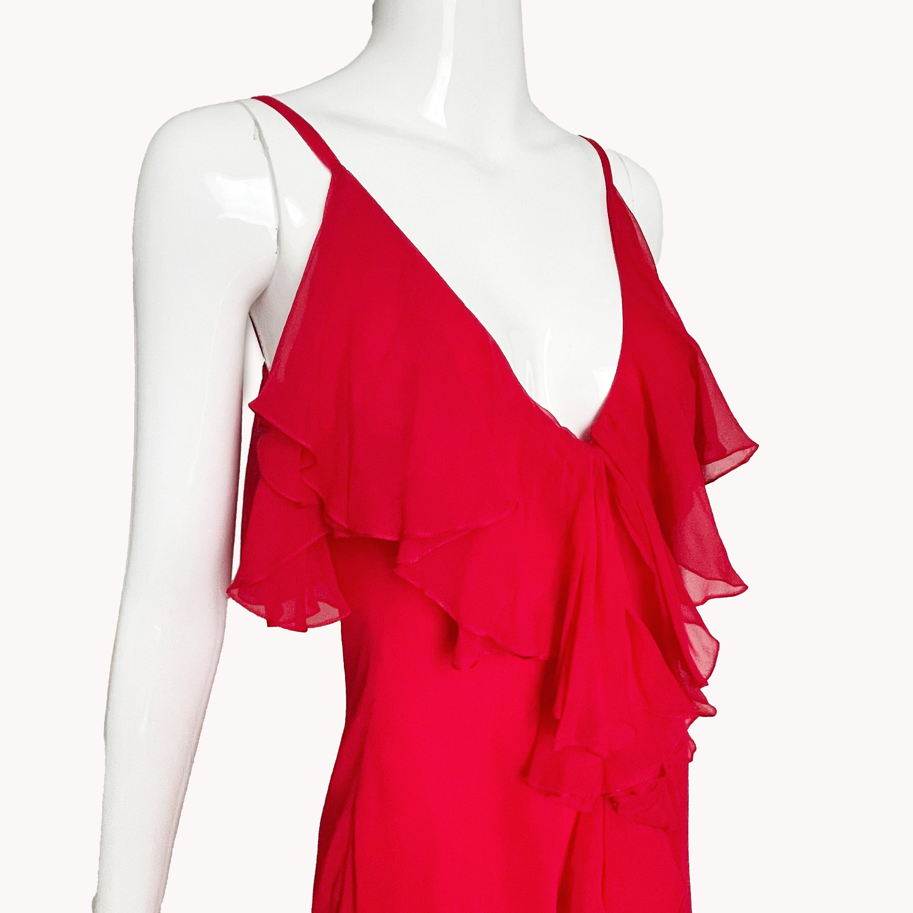 Pauline Trigere Dress with Shawl 2pc Set Red Silk Chiffon Ruffles Cocktail Party For Sale 1