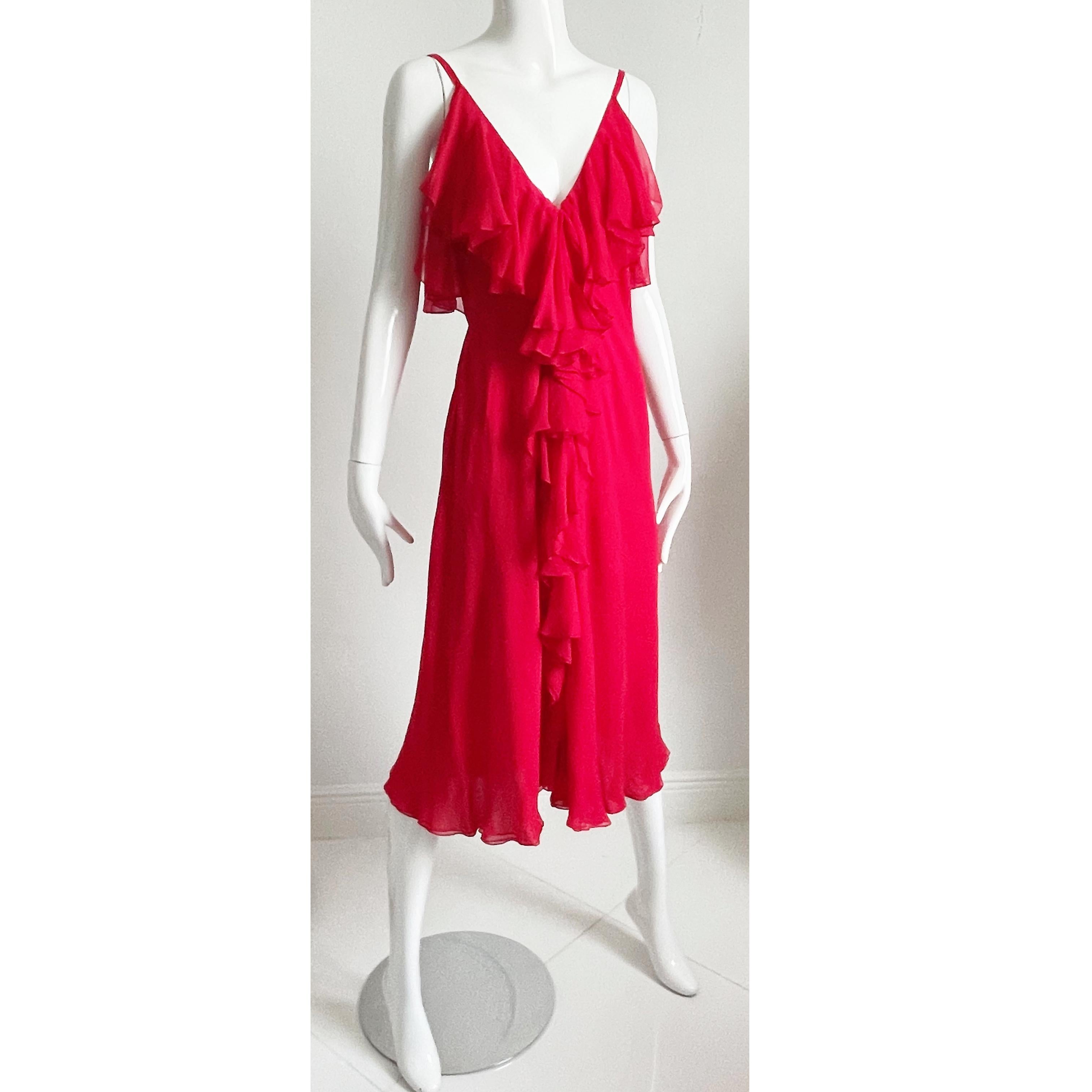 Pauline Trigere Dress with Shawl 2pc Set Red Silk Chiffon Ruffles Cocktail Party For Sale 2