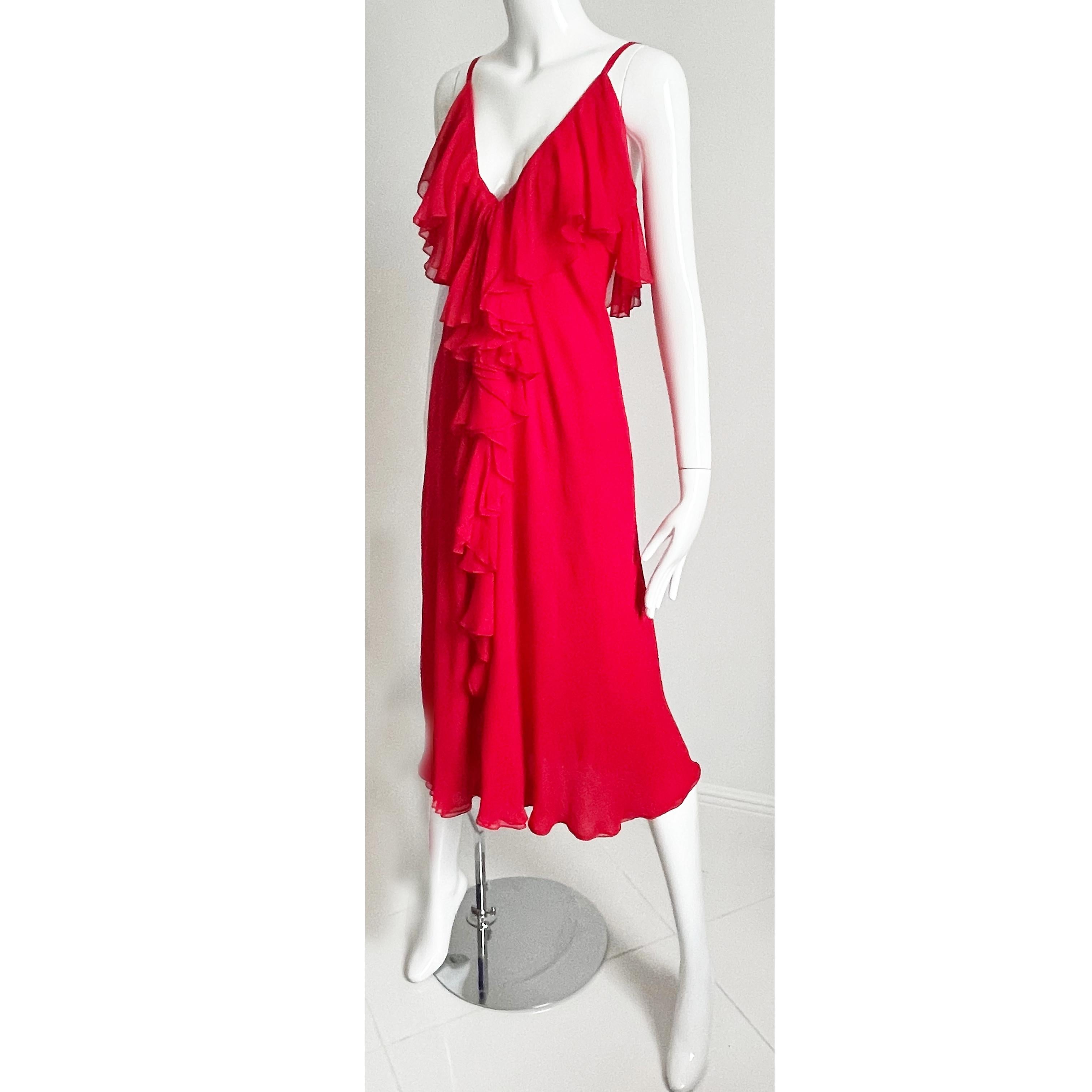 Pauline Trigere Dress with Shawl 2pc Set Red Silk Chiffon Ruffles Cocktail Party For Sale 3