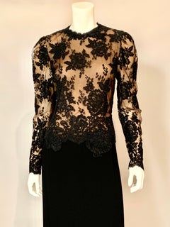 Pauline Trigere Evening Dress Black Lace and Nude Chiffon with Black Crepe Skirt