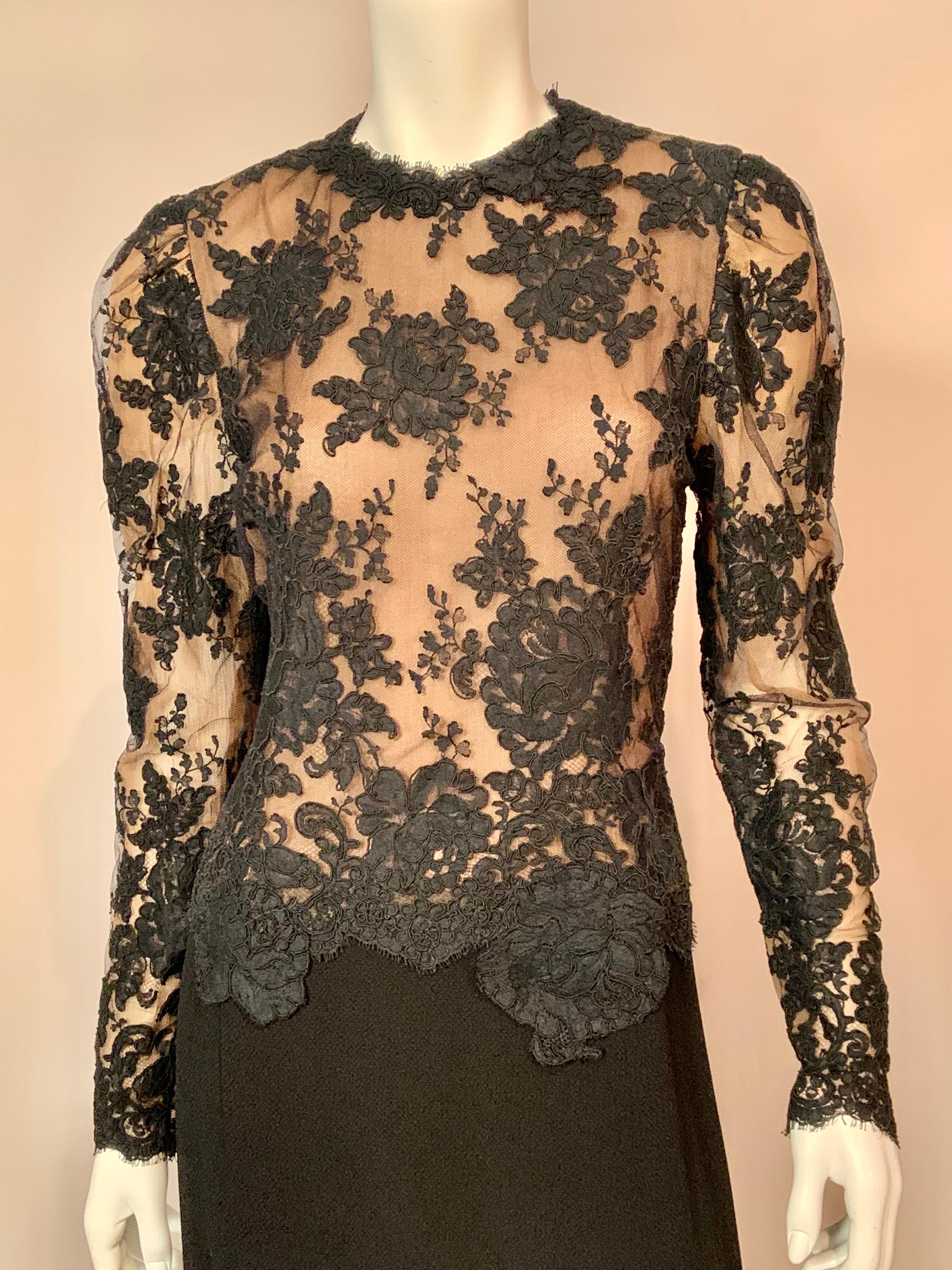 Pauline Trigere Evening Dress Black Lace and Nude Chiffon with Black Crepe Skirt In Excellent Condition For Sale In New Hope, PA