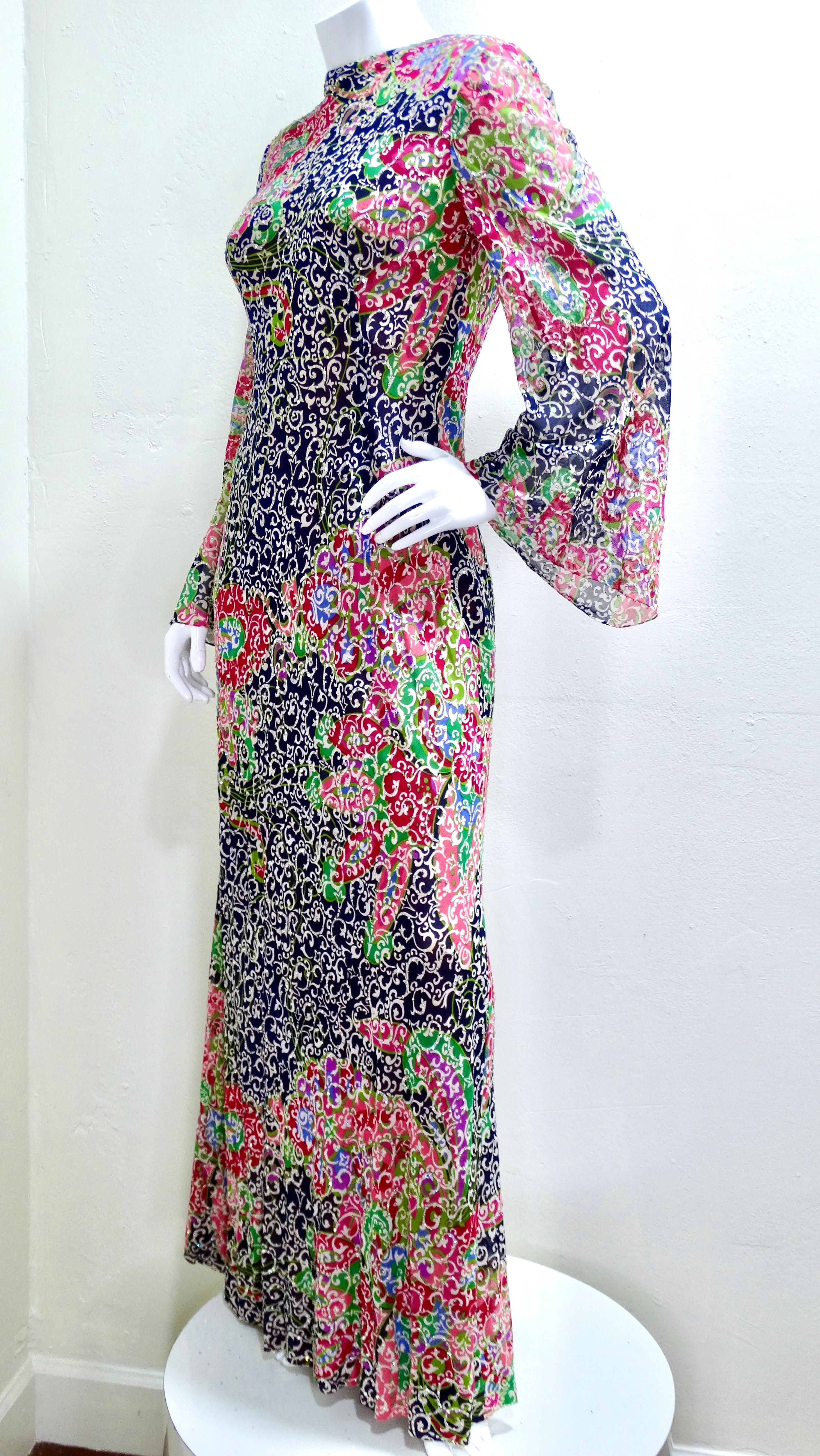 Gray Pauline Trigere Floral Silk Dress Covered in Sequins Circa 70s 