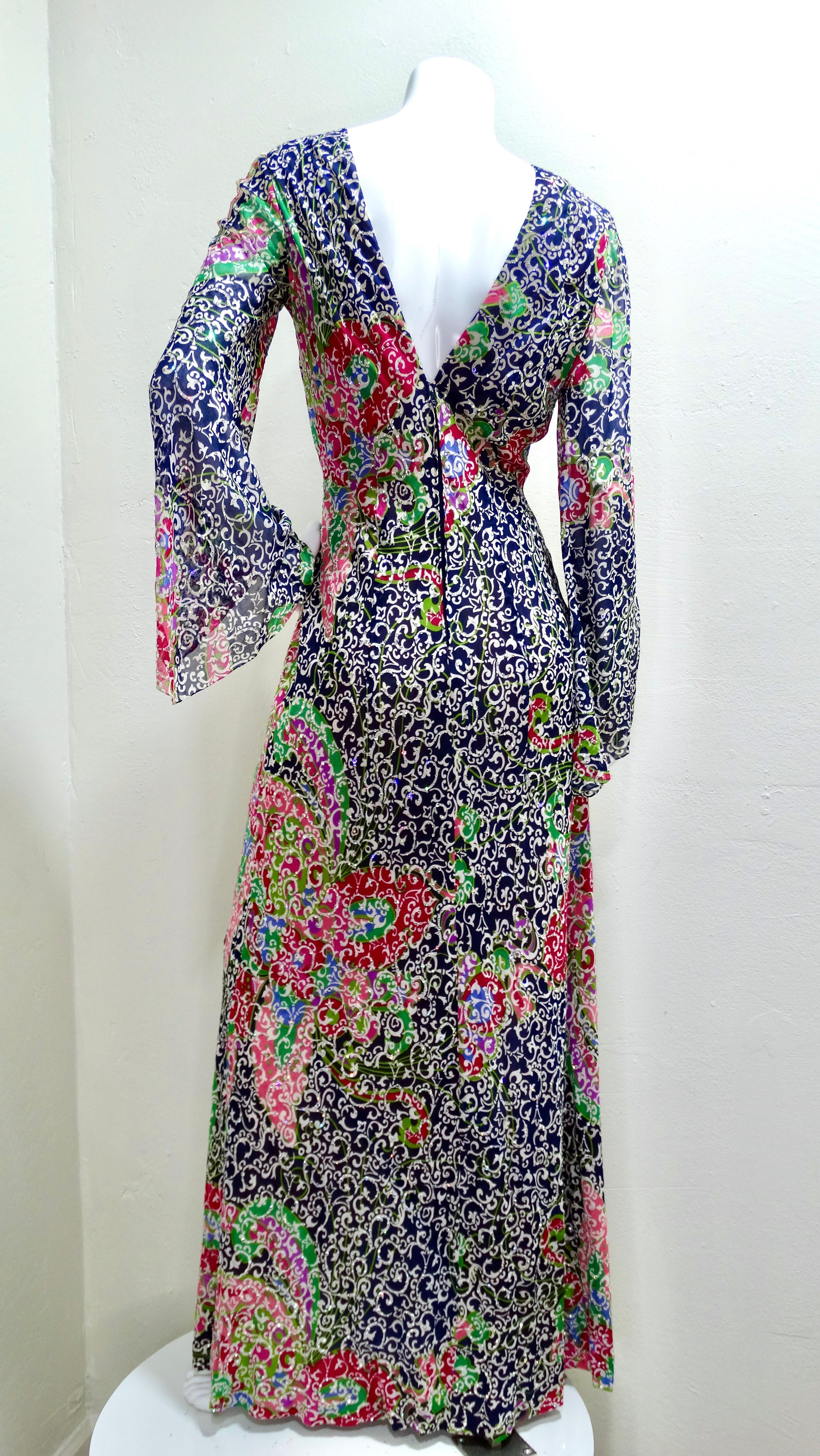 Pauline Trigere Floral Silk Dress Covered in Sequins Circa 70s  In Good Condition In Scottsdale, AZ