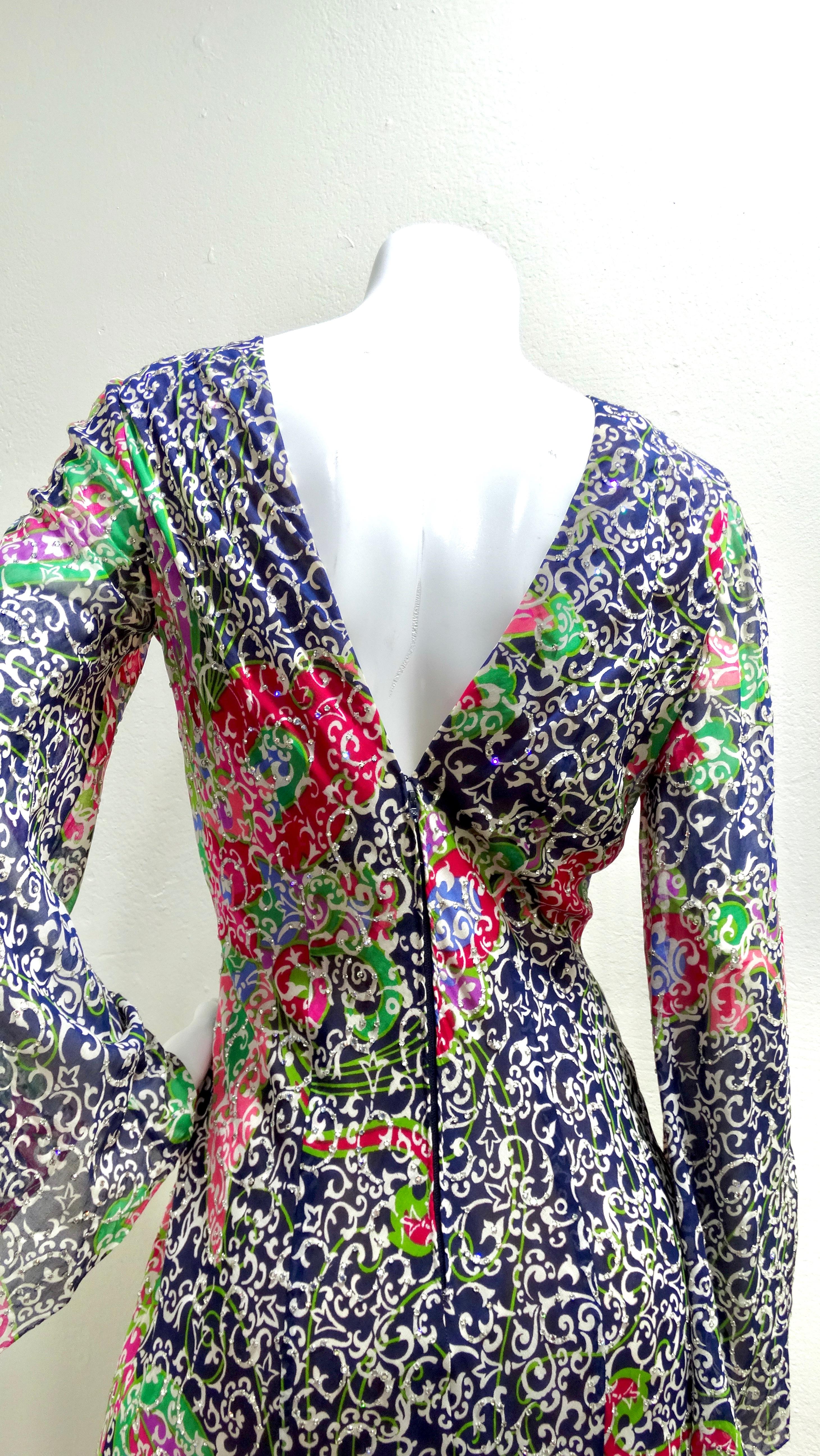 Women's Pauline Trigere Floral Silk Dress Covered in Sequins Circa 70s 