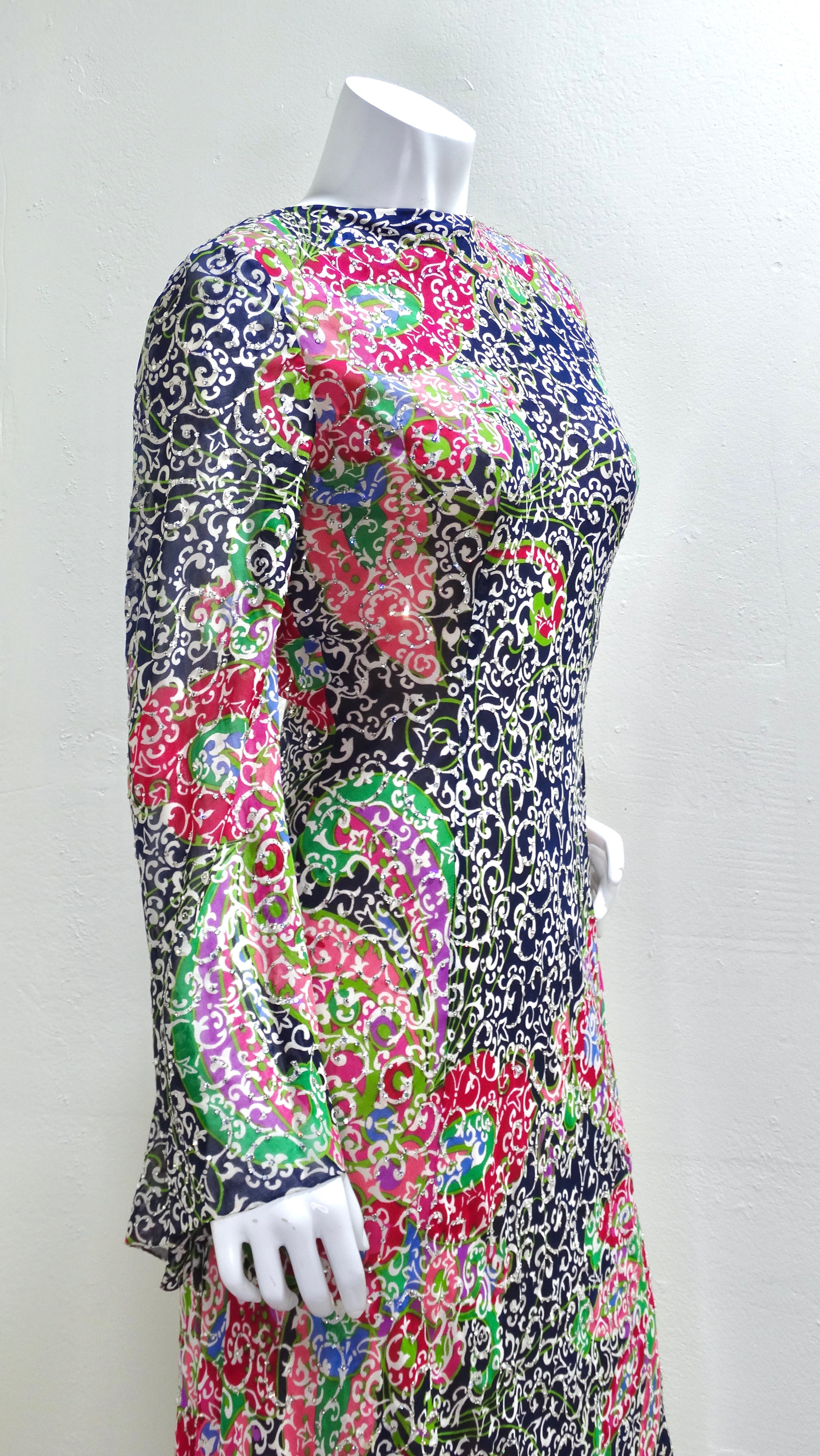 Pauline Trigere Floral Silk Dress Covered in Sequins Circa 70s  1