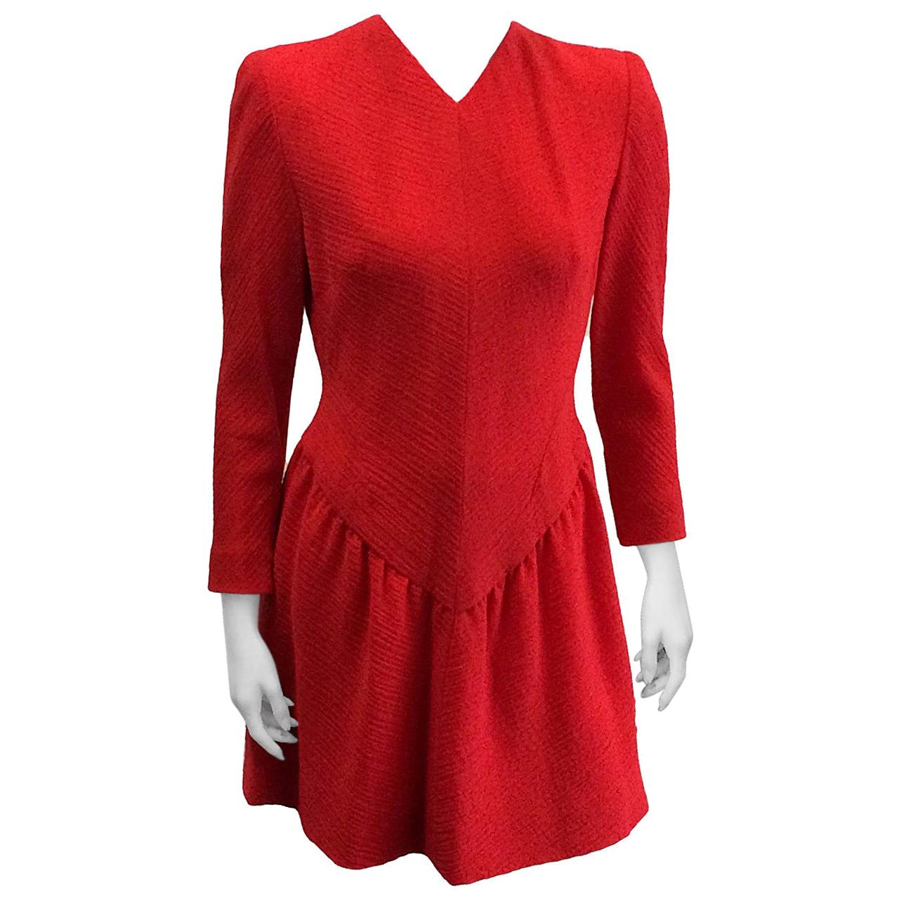 Pauline Trigere for Bergdorf Goodman 1980s Red Wool Dress Size 6. For Sale