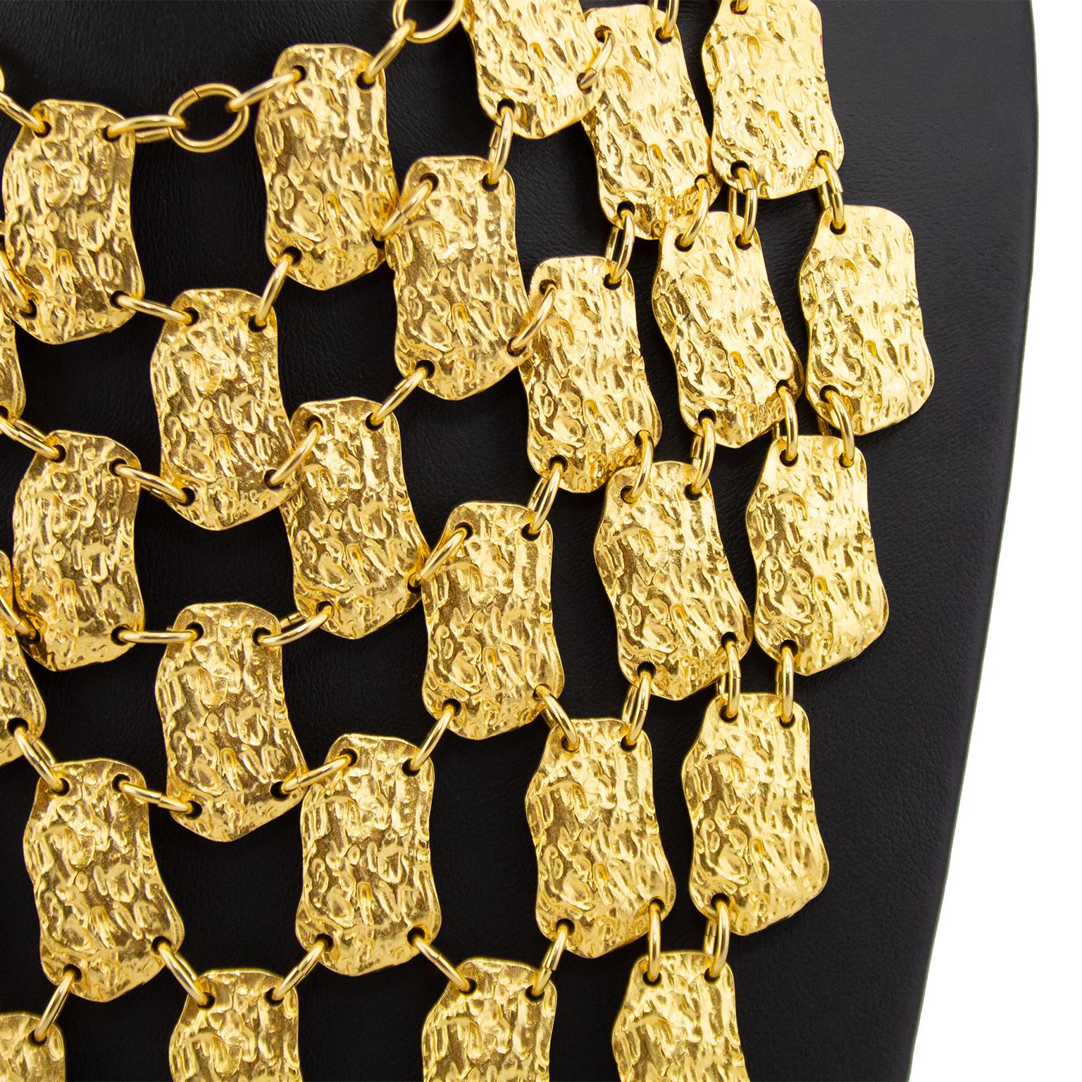 Pauline Trigère vintage waterfall bib style necklace made from linked rectangular slightly Brutalist styled plaques. Adjustable chain link at the back allows for a comfortable fit. Unsigned, provenance from the estate of Phyllis McGuire, of the