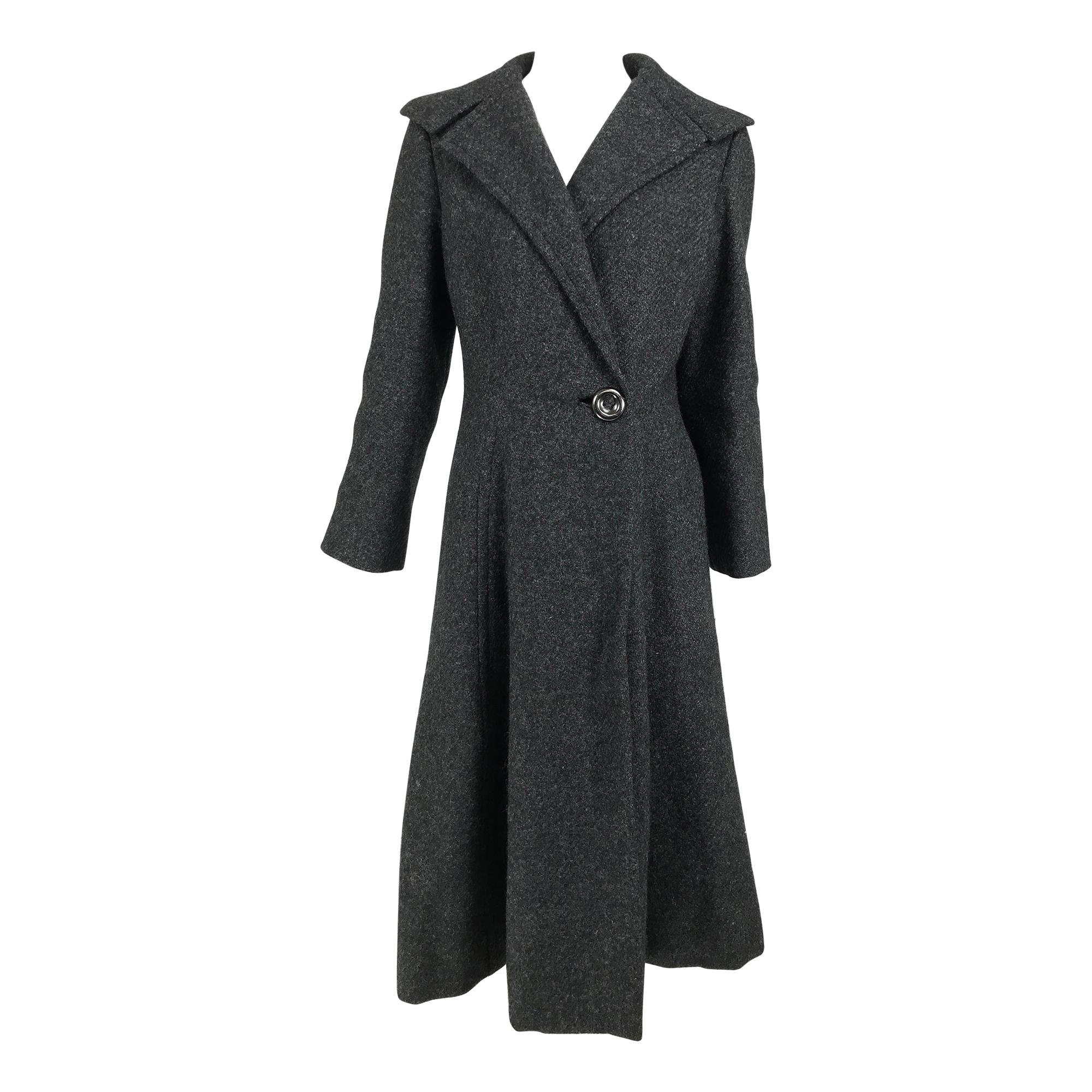 Pauline Trigere Grauer Princess Coat aus Wolle mit Flecken 1950er im Angebot