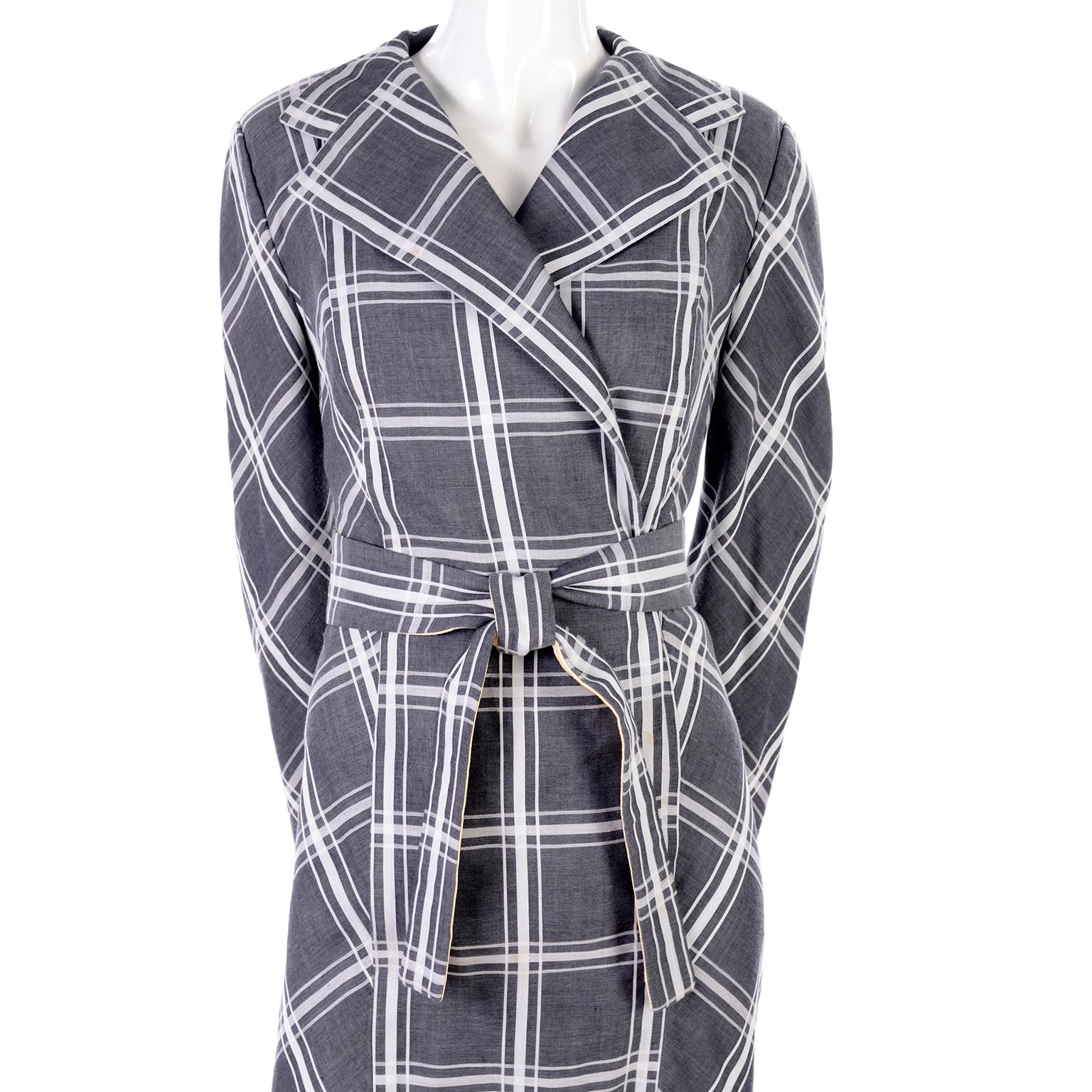 Gray Pauline Trigere Grey & White Plaid Coat Dress w/ Belt