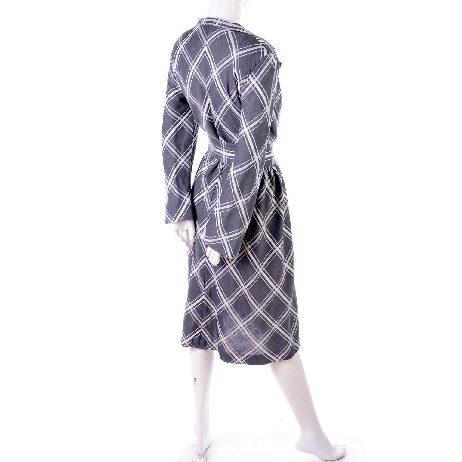 Pauline Trigere Grey & White Plaid Coat Dress w/ Belt 2