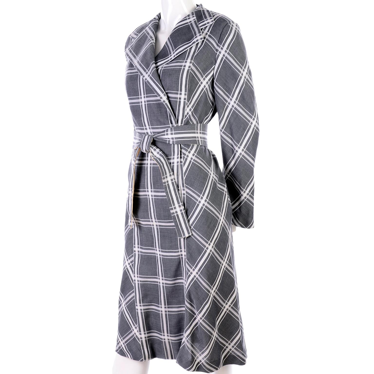 Pauline Trigere Grey & White Plaid Coat Dress w/ Belt 3