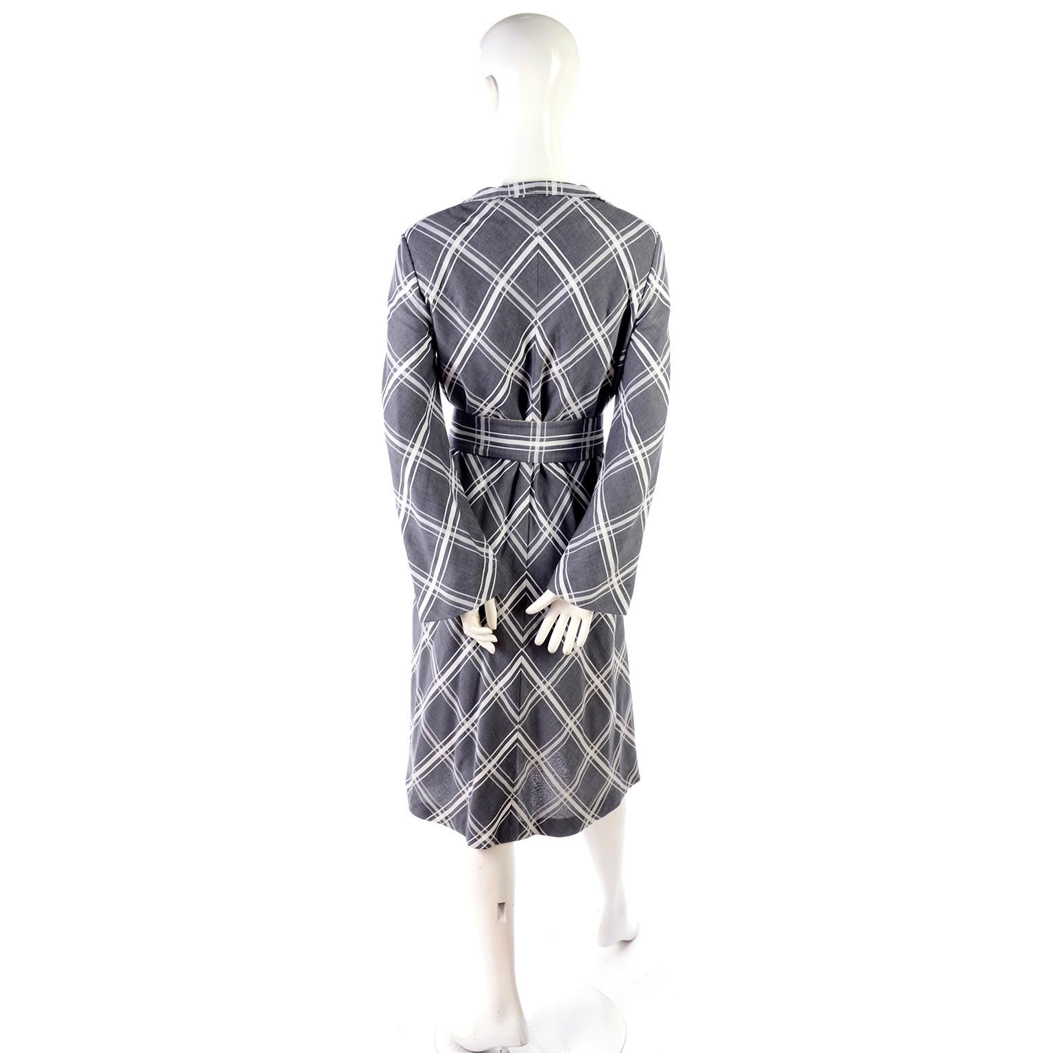 Pauline Trigere Grey & White Plaid Coat Dress w/ Belt 4