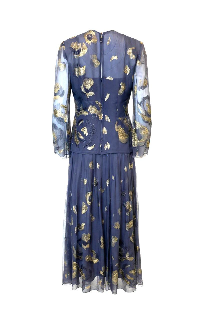 Pauline Trigere Lavendel Metallic Langärmeliges Abendkleid (Schwarz) im Angebot