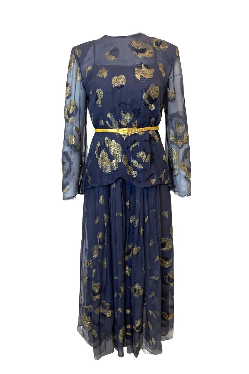 Pauline Trigere Lavendel Metallic Langärmeliges Abendkleid im Zustand „Hervorragend“ im Angebot in Los Angeles, CA