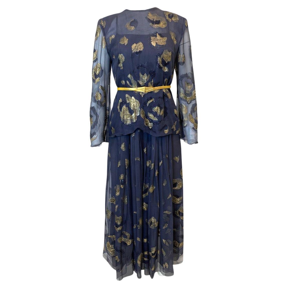 Pauline Trigere Lavendel Metallic Langärmeliges Abendkleid im Angebot