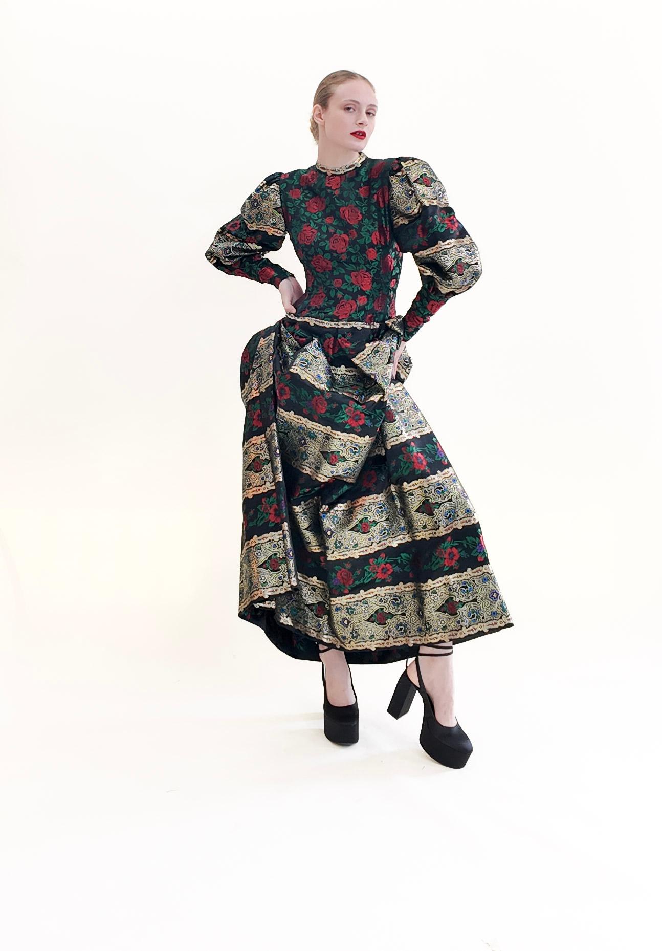 Black Pauline Trigere Long Puff Sleeve Brocade Floral Print Metallic Gown For Sale