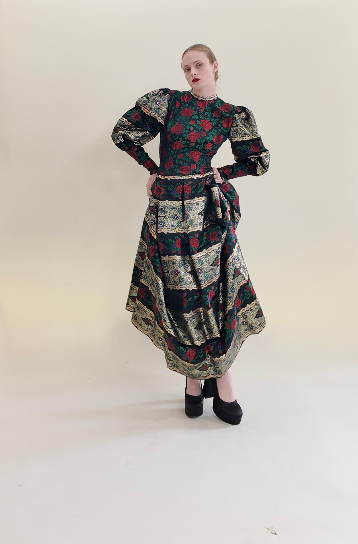 Pauline Trigere Long Puff Sleeve Brocade Floral Print Metallic Gown In Excellent Condition For Sale In Los Angeles, CA