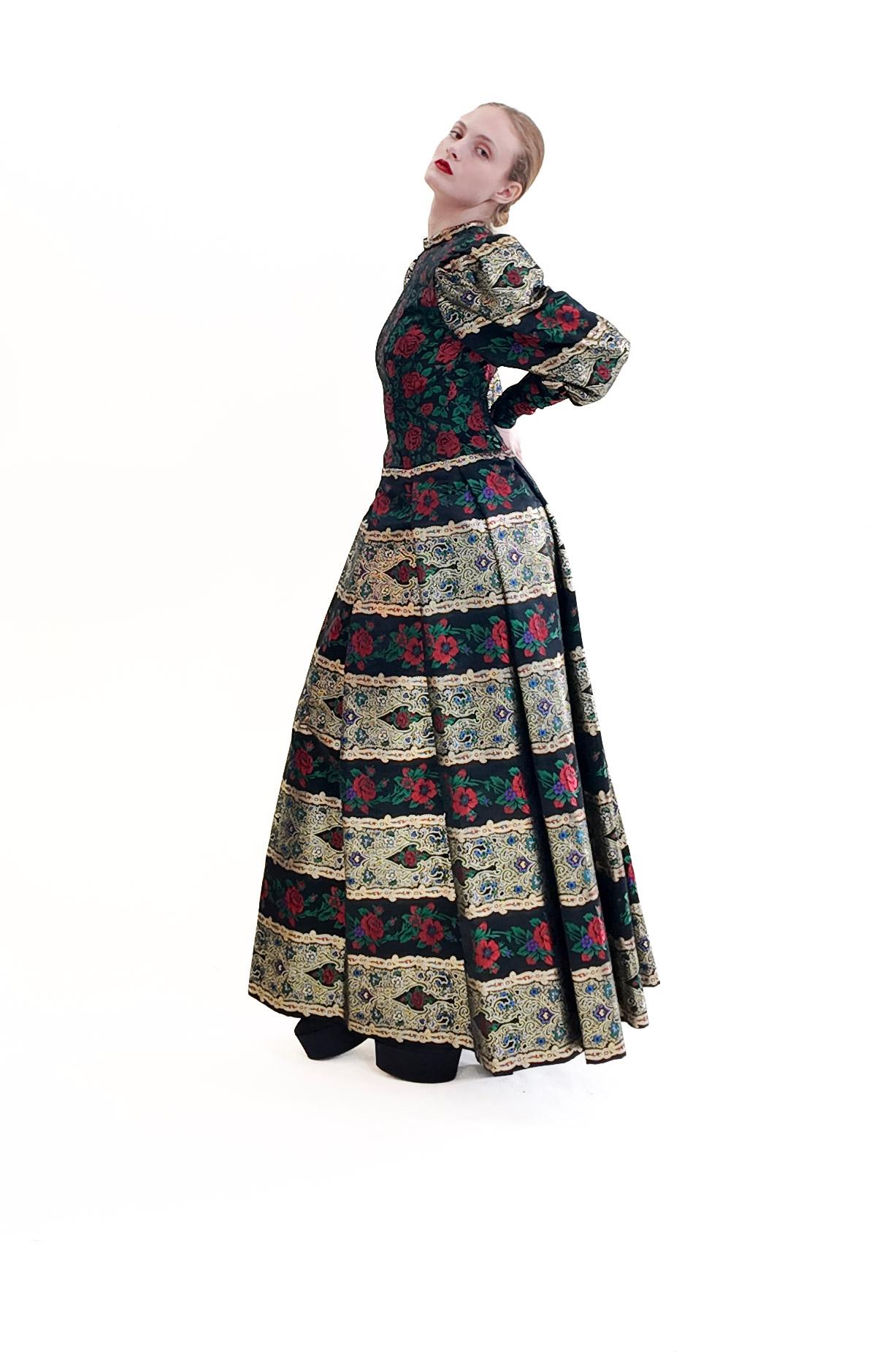Women's Pauline Trigere Long Puff Sleeve Brocade Floral Print Metallic Gown For Sale