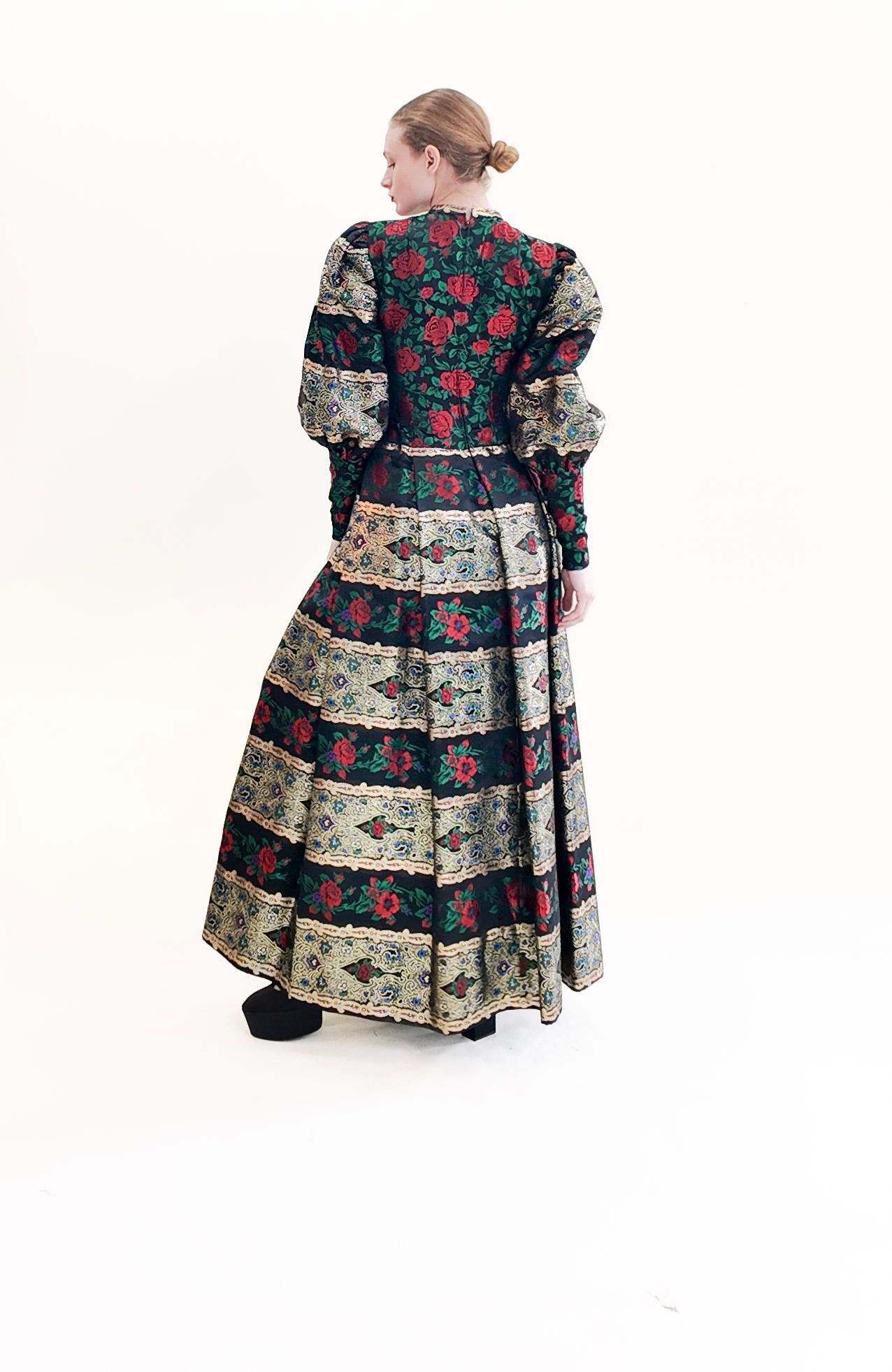 Pauline Trigere Long Puff Sleeve Brocade Floral Print Metallic Gown For Sale 1