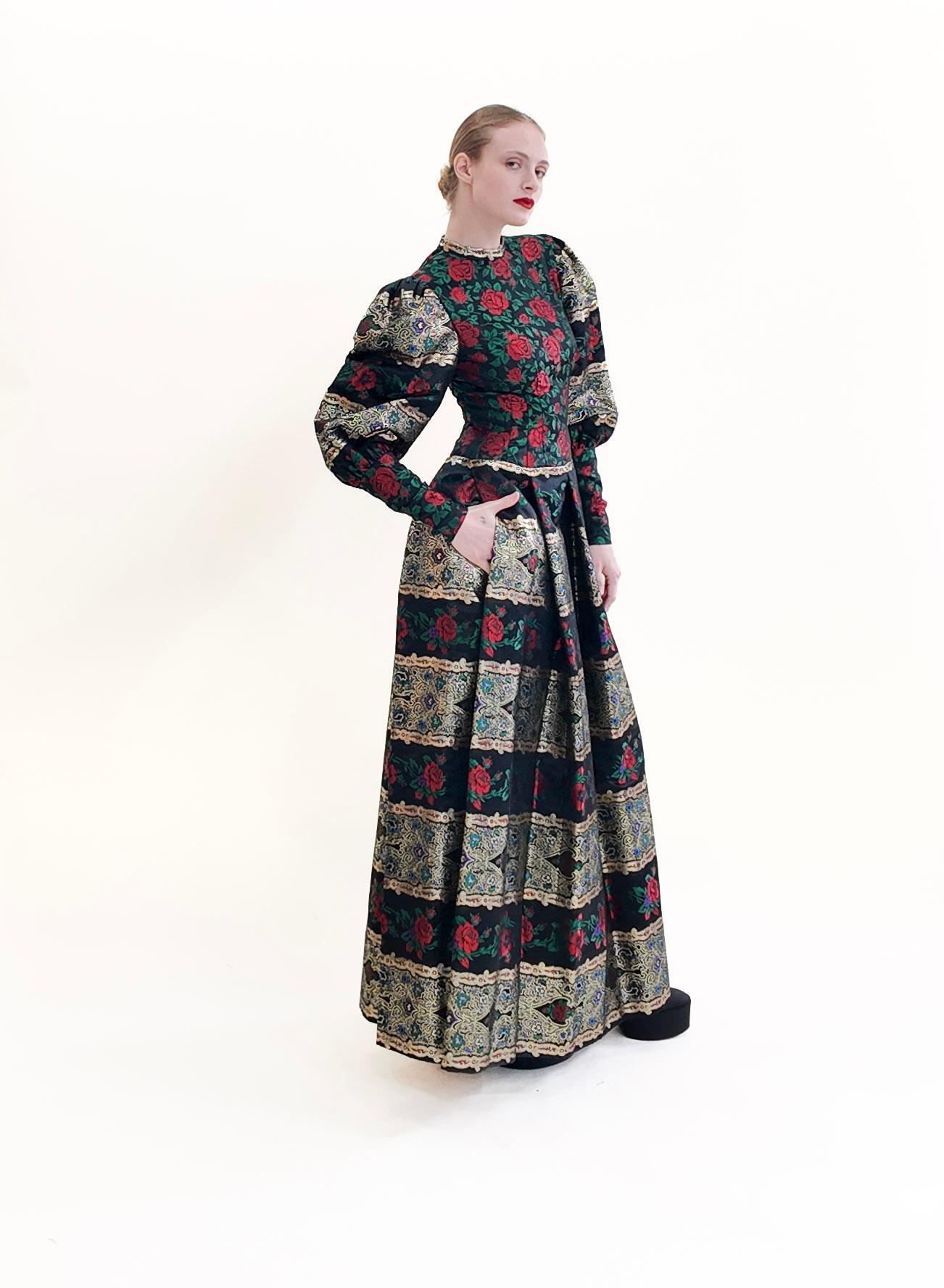 Pauline Trigere Long Puff Sleeve Brocade Floral Print Metallic Gown For Sale 2