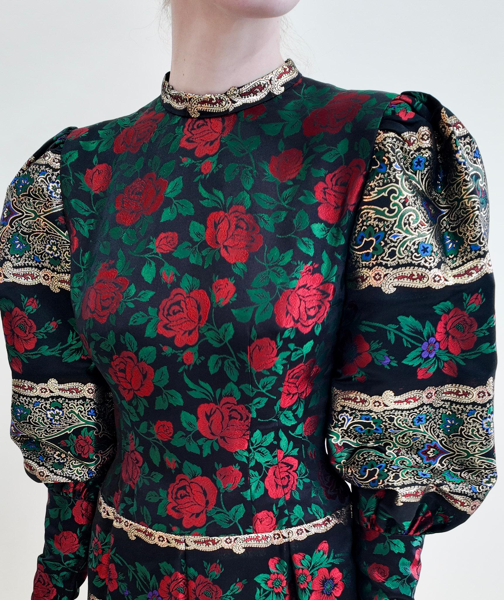 Pauline Trigere Long Puff Sleeve Brocade Floral Print Metallic Gown For Sale 3