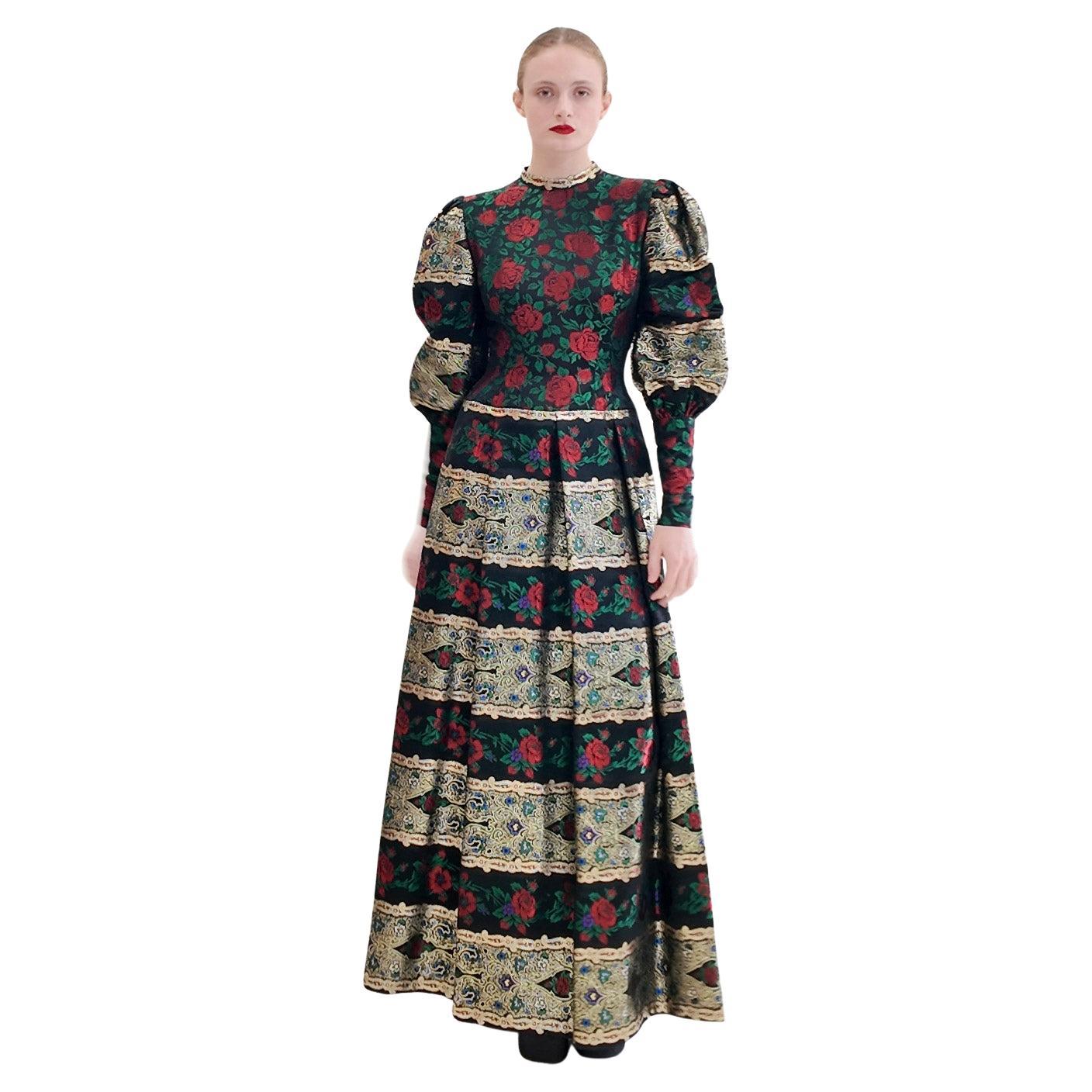 Pauline Trigere Long Puff Sleeve Brocade Floral Print Metallic Gown For Sale