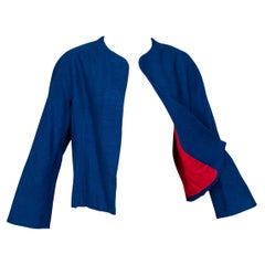 Vintage Pauline Trigère Marine Blue Collarless Crop Jacket with Red Lining - M, 1960s